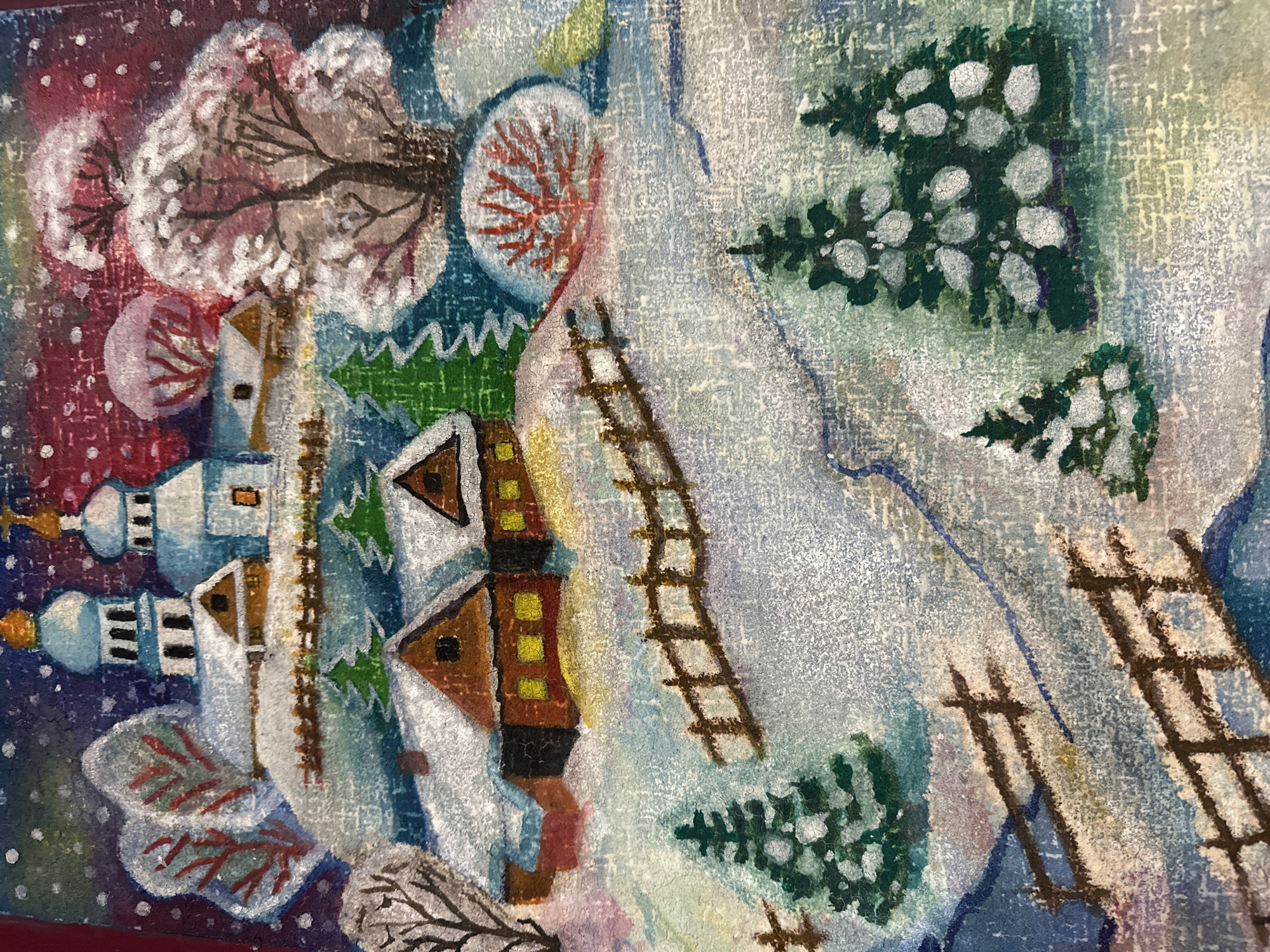 This is a painting of a snowy, winter scene in what appears to be a rural village, possibly inspired by the Ракаўскі сельскі Савет in Belarus. In the background, a cluster of buildings with blue domes and golden crosses suggests a church or monastery. In the mid-ground, two rustic, wooden houses with glowing yellow windows are nestled into a snow-covered hillside. Fences made of simple wooden posts and rails traverse the landscape. Various evergreen trees, dusted with snow, are scattered throughout the scene. The foreground features more fences and trees, with a winding path suggesting a road or trail. The overall impression is one of a peaceful, snow-covered rural setting during winter.