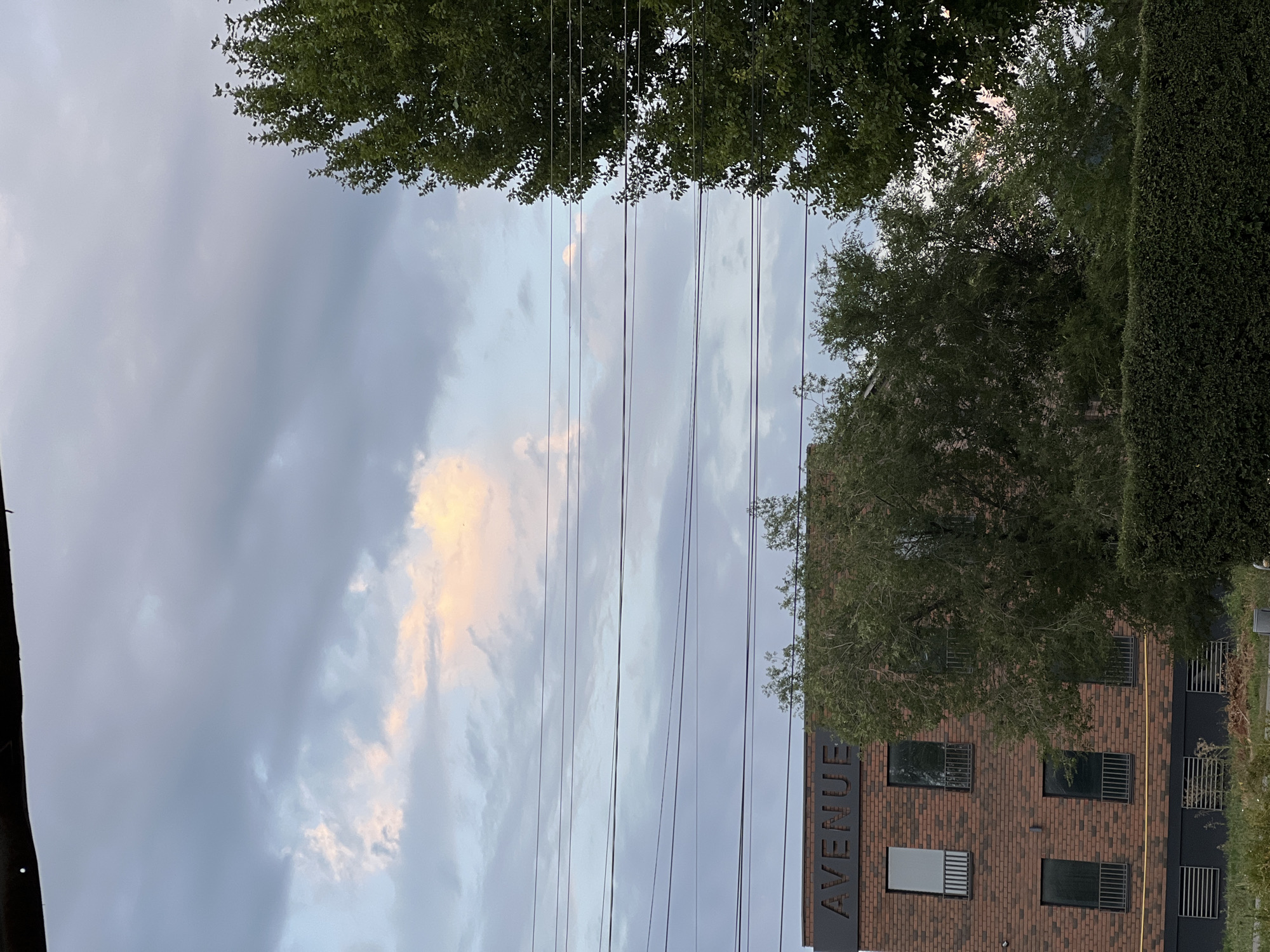 The image captures an exterior view of a brick building with the word "AVENUE" visible in dark lettering on its facade. The building has multiple windows, some with black frames and bars, and a dark gray base. Trees and a trimmed hedge are in the foreground and surrounding the building. Several power lines stretch horizontally across the frame. The sky above is filled with clouds, with hints of pink and yellow light suggesting either sunrise or sunset. The scene appears to be located in a relatively urban or suburban area, possibly in Oral, Kazakhstan, given the context of the prompt. No people are visible in the image.