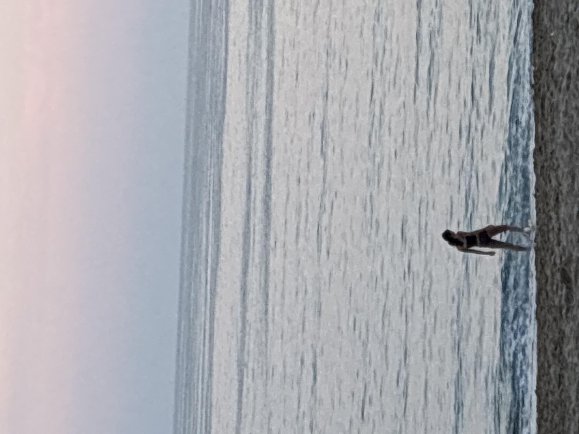 An outdoor, wide shot photograph captures a solitary individual at the water's edge on a beach in Alanya, Turkey, during either dawn or dusk. The sky, occupying the upper third of the frame, displays a smooth gradient from pale pinkish-purple at the zenith to a muted bluish-grey closer to the horizon, devoid of clouds. The middle section of the image is dominated by the calm sea, characterized by horizontal ripples and faint darker lines indicating subtle wave patterns or currents, presented in a soft grey-blue hue. Closer to the foreground, where the sea meets the land, small, visibly blue-crested waves break gently. The bottom portion of the image reveals a dark, coarse-grained sandy beach, appearing wet along the waterline. A single person, appearing to be a young woman with dark hair, stands slightly right of center in the shallow water, facing generally leftward with her head slightly downcast. She is wearing a dark two-piece swimsuit. Her lower legs are partially submerged in the water, and she appears to be walking along the shoreline. The lighting is soft and diffused, producing no distinct shadows.