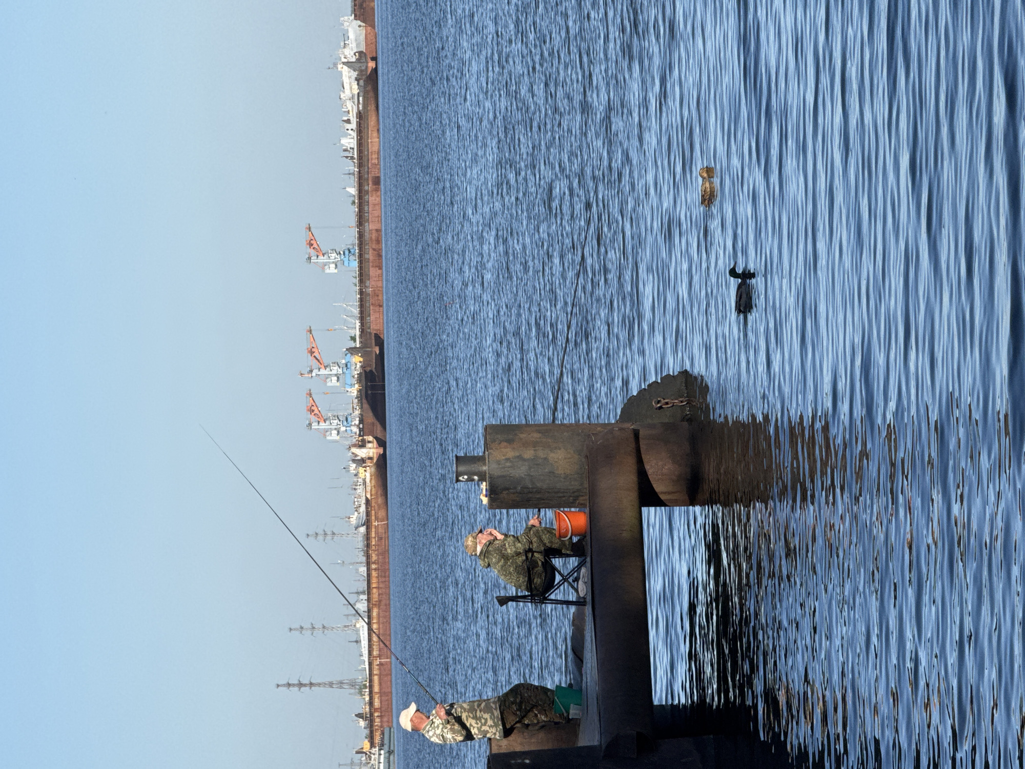 The photograph captures a scene on a pier in Chaikovsky, Russia. Two individuals are fishing; one is seated in a folding chair with an orange bucket beside them, while the other stands. Both are dressed in camouflage clothing. The fishing rods extend towards the water. In the water are two ducks. Industrial ships are docked in the background. The sky is a clear blue.