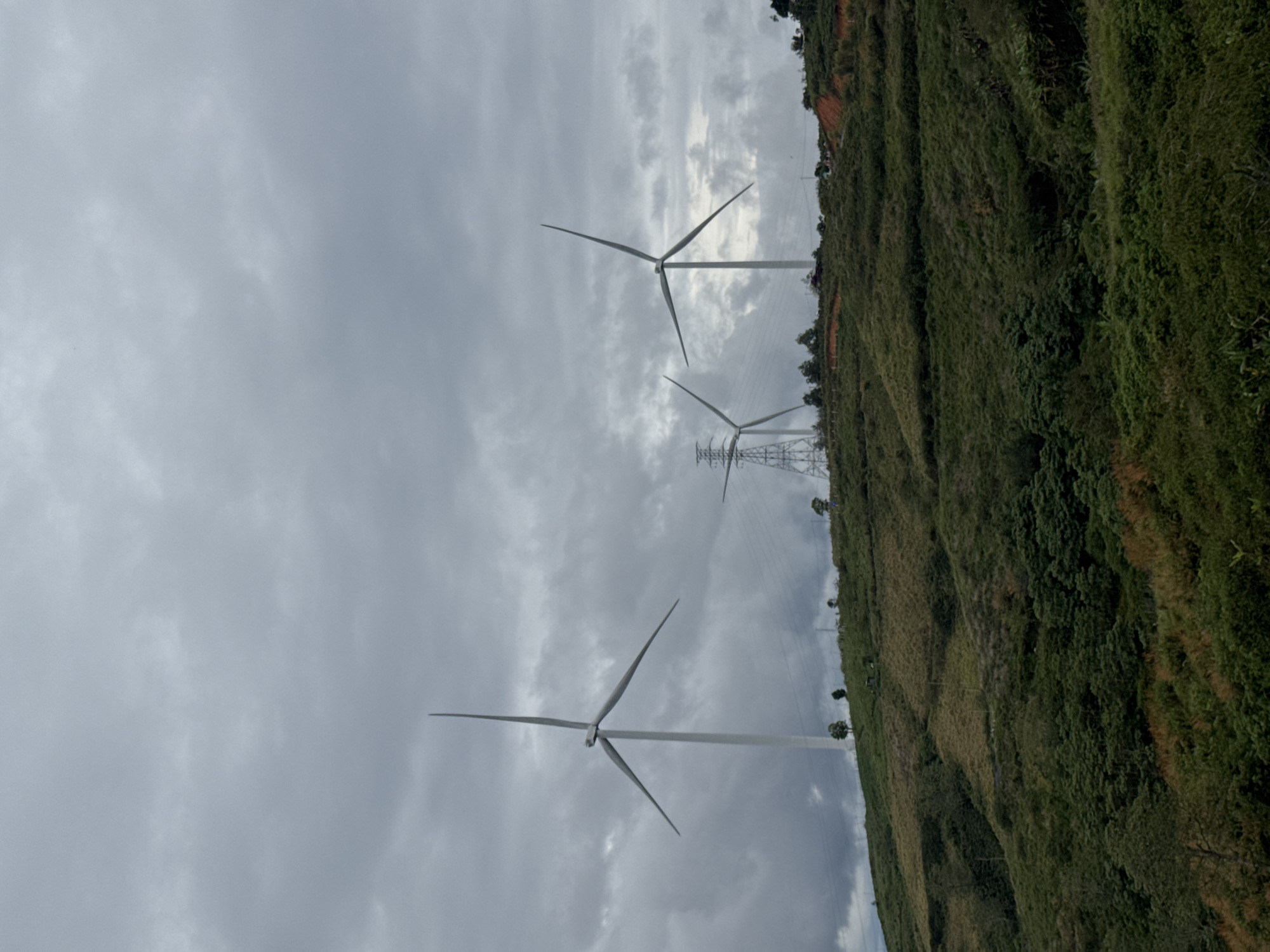 The image depicts a rural landscape with wind turbines and power lines against a cloudy sky. The scene includes three visible wind turbines of varying distances. A hillside covered with vegetation is visible on the right side of the image, with power lines running along the hillside. The image may be located in Trường Thọ, Vietnam, given the request.