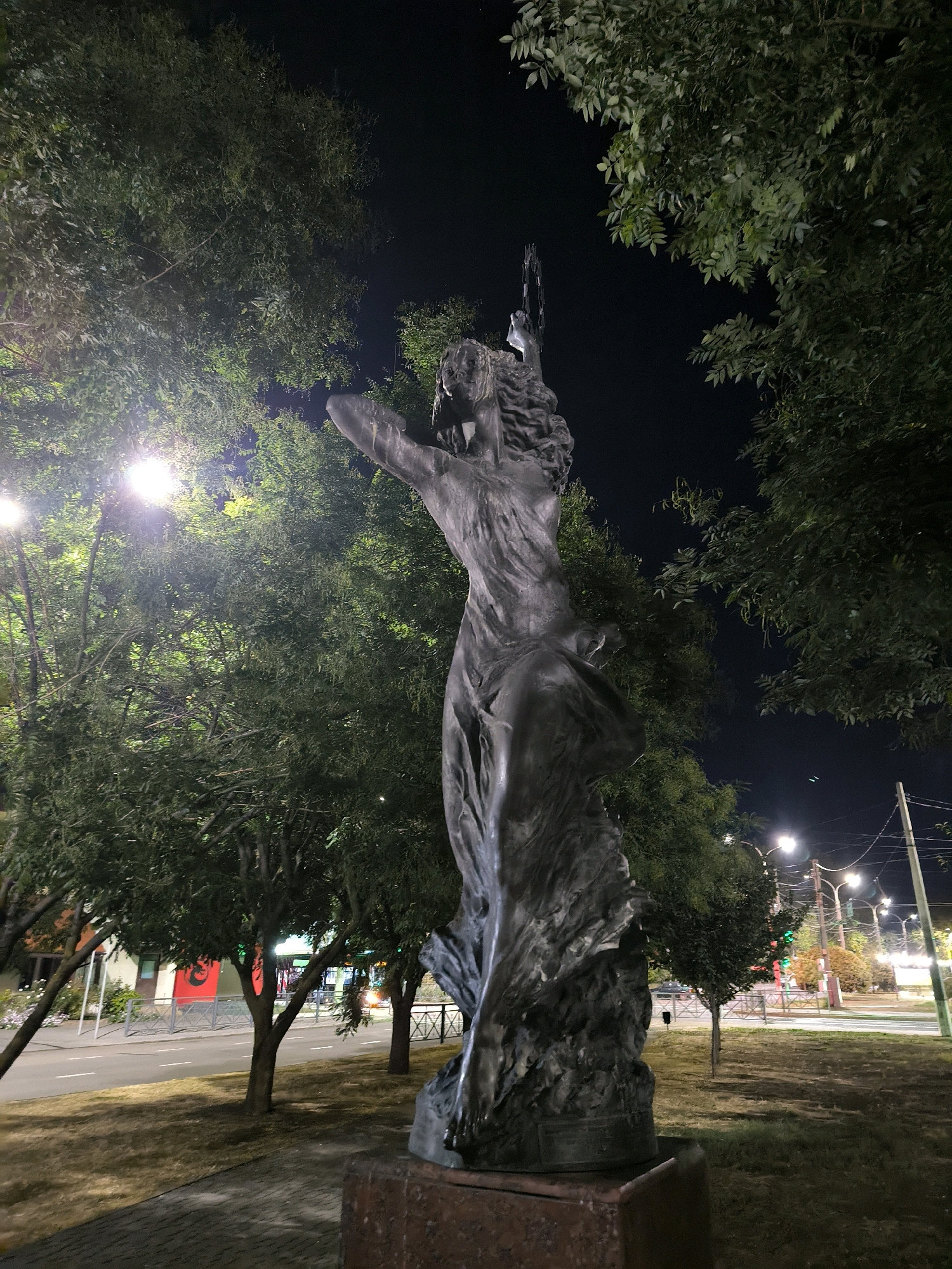 This image depicts a bronze statue of a female figure in a dynamic pose, with her arms outstretched and her body in motion. The statue is situated in a park-like setting at night, illuminated by streetlights that cast a warm glow on the surrounding trees and foliage. The statue itself appears to be made of bronze, with a dark, weathered patina. Its base is a reddish-brown stone. In the background, a street can be seen with a few cars and buildings. The overall impression is one of a solemn and evocative monument, perhaps commemorating a historical event or figure. The location is identified as Mykolaiv, Ukraine, though specific landmarks are not clearly visible.