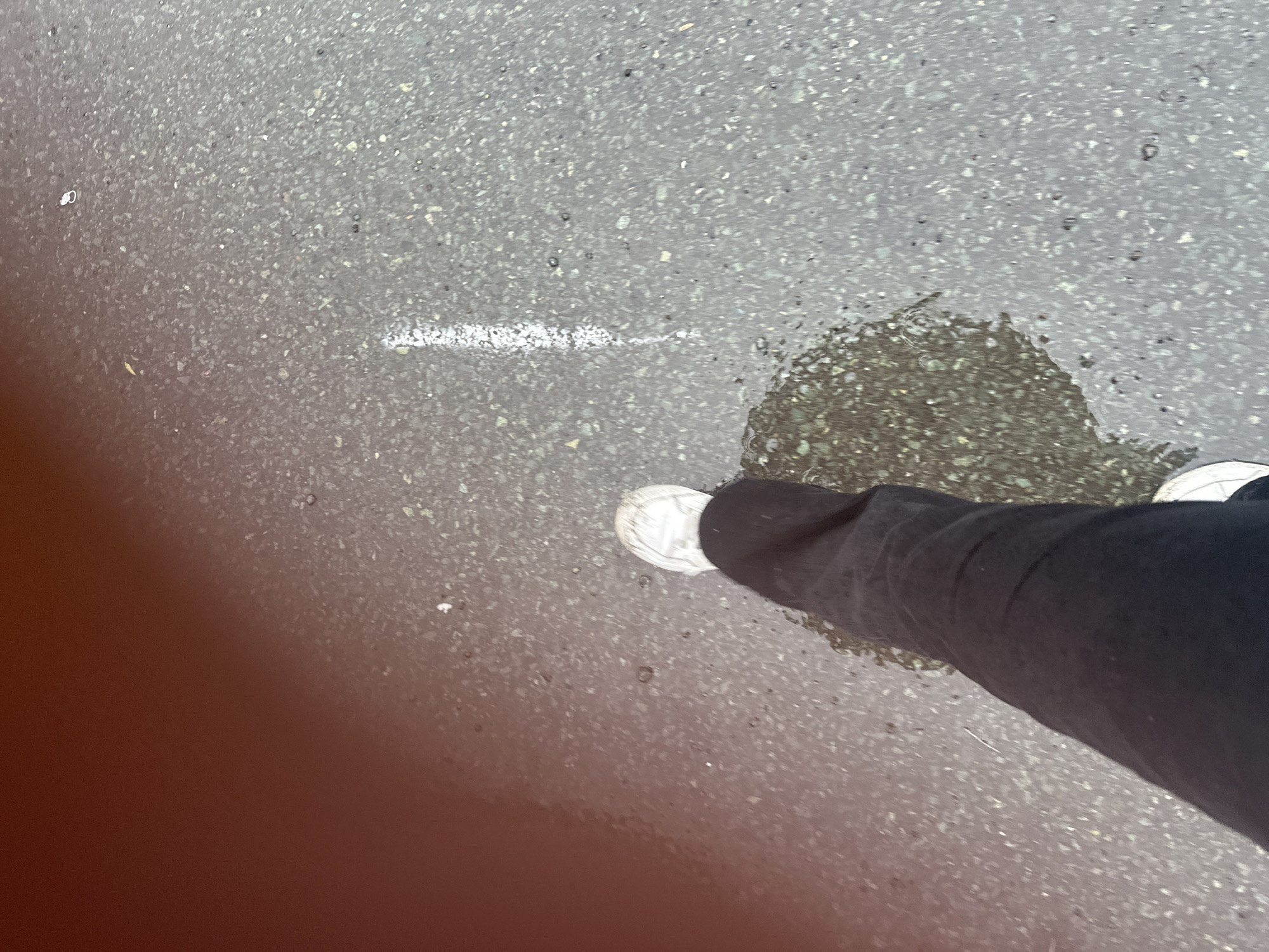 The image shows a first-person perspective of a person wearing black pants and white sneakers walking on a wet, asphalt surface. The asphalt is speckled with small stones and there are several puddles of water, indicating recent rain. A faint white line is visible on the asphalt, possibly a road marking. The upper left portion of the image has a large, blurry red-orange area, likely a lens flare or reflection. The scene is generic and does not contain any specific landmarks or elements that would identify it as being in Petropavlovsk-Kamchatsky, Russia, or any other specific city.