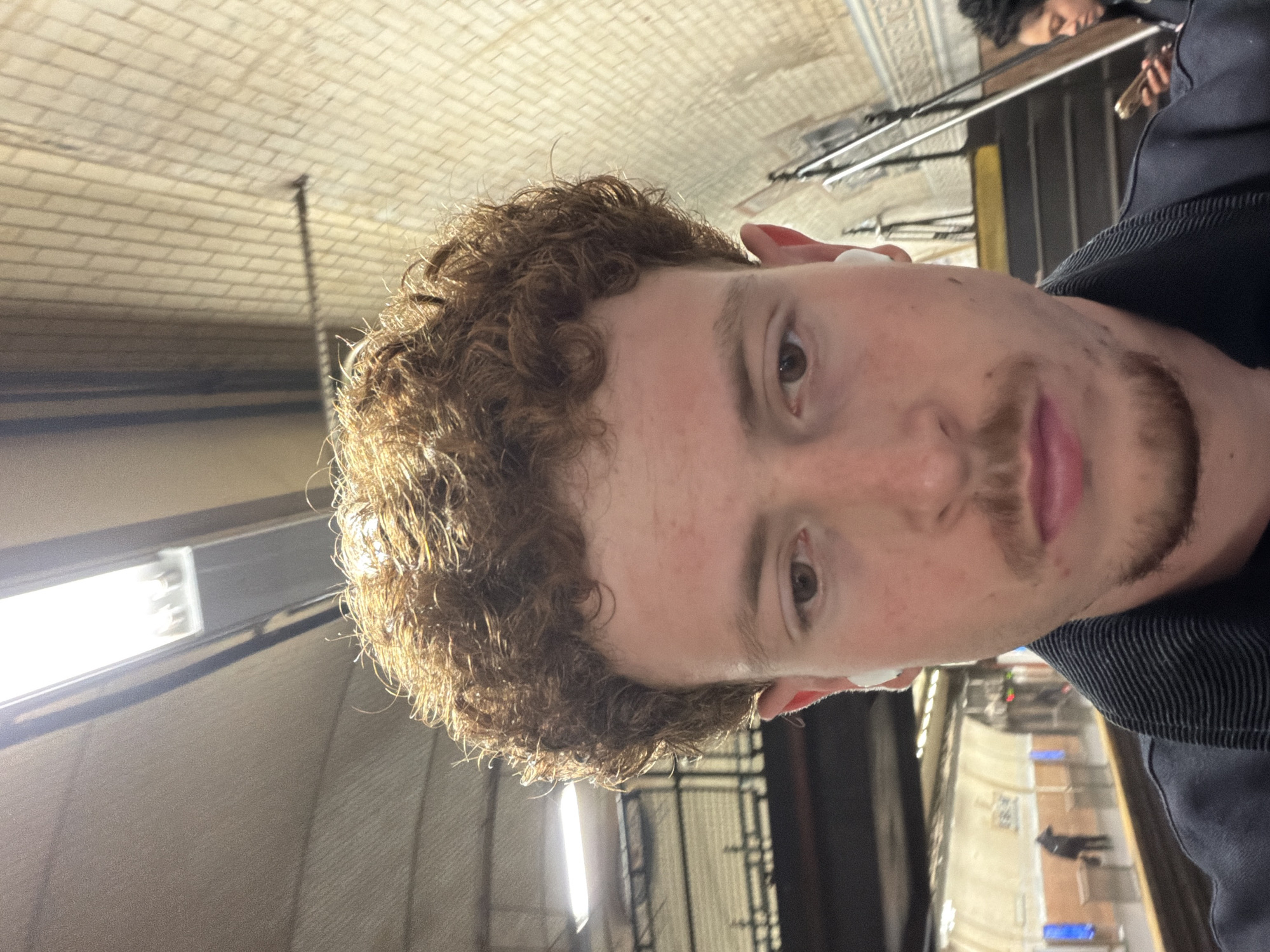 A man with curly reddish-brown hair and a mustache stands in a subway station. In the background, people are on the subway platform. The station has arched ceilings made of bricks. A bright light is on the left side of the image, likely above the platform. The man appears to be wearing a dark-colored coat. Given the arched brick ceilings and the overall appearance, the station is likely a subway station in New York City, United States of America.