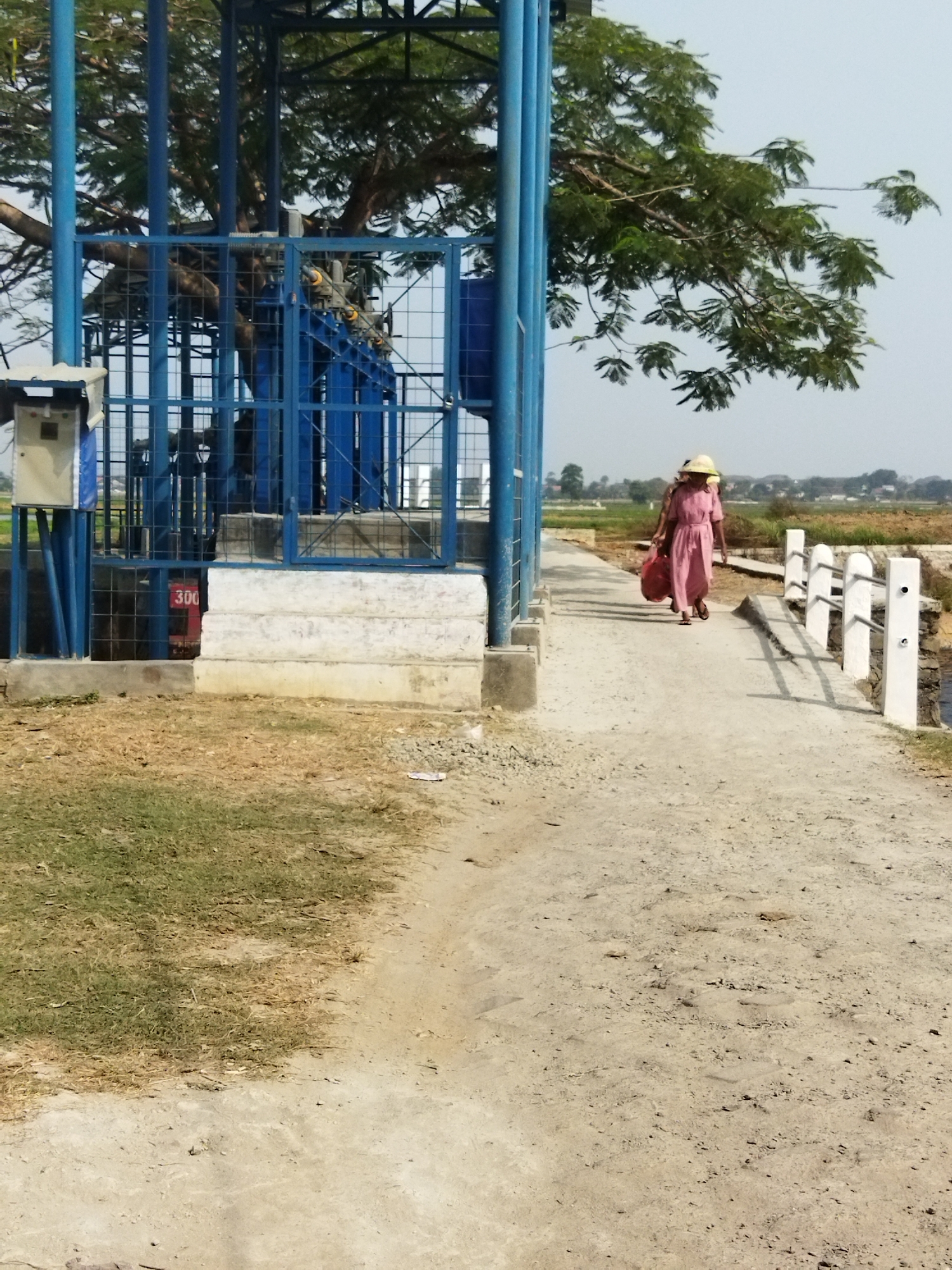 In Kosambi, Indonesia, a woman wearing a pink dress and a straw hat walks away from the camera on a dirt path. She carries a red bag slung over her shoulder. To her left, a blue metal structure with a cage-like enclosure, likely part of a water pump or irrigation system, stands adjacent to a grassy area. The structure has a white concrete base with the number "300" visible in red. Beyond the woman, a white railing lines the path, which leads into a landscape of green fields under a hazy sky.