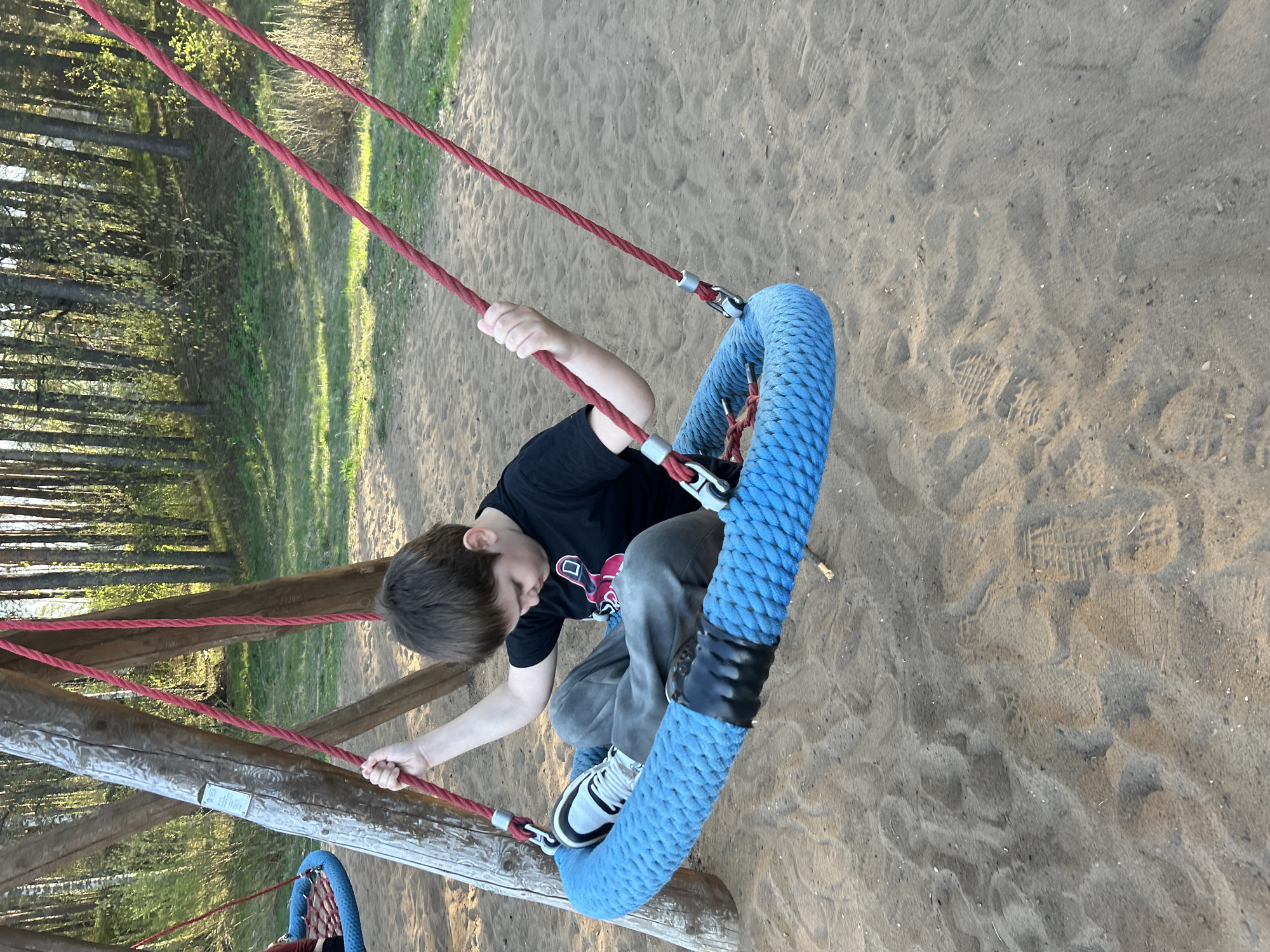 A boy is seated in a blue, circular swing suspended by red ropes in what appears to be a playground area. The ground is covered in sand. The boy is wearing a black t-shirt with a graphic design, gray pants, and white sneakers with black accents. He is holding onto the red ropes of the swing with both hands. The playground is located in Chaikovsky, Russia. The background includes trees, suggesting a park or forested area adjacent to the playground.