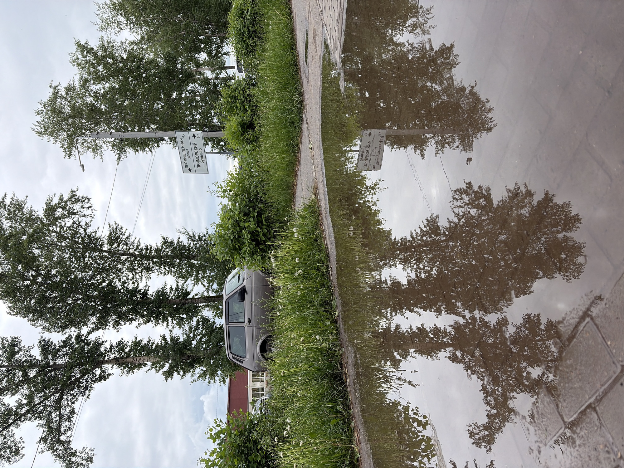 The image depicts a roadside scene in the city of Chaikovsky, Russia after a rain. A gray Lada Niva SUV is parked adjacent to a sidewalk. Tall trees and a signpost indicating directions to "Promyshlennaya" street and "Primorsky" boulevard are visible. A puddle on the sidewalk reflects the trees, signpost, and cloudy sky, creating a mirror image. The area is overgrown with grass and dandelions. A building with a red roof is partially visible behind the SUV. The sidewalk is paved with gray stone.