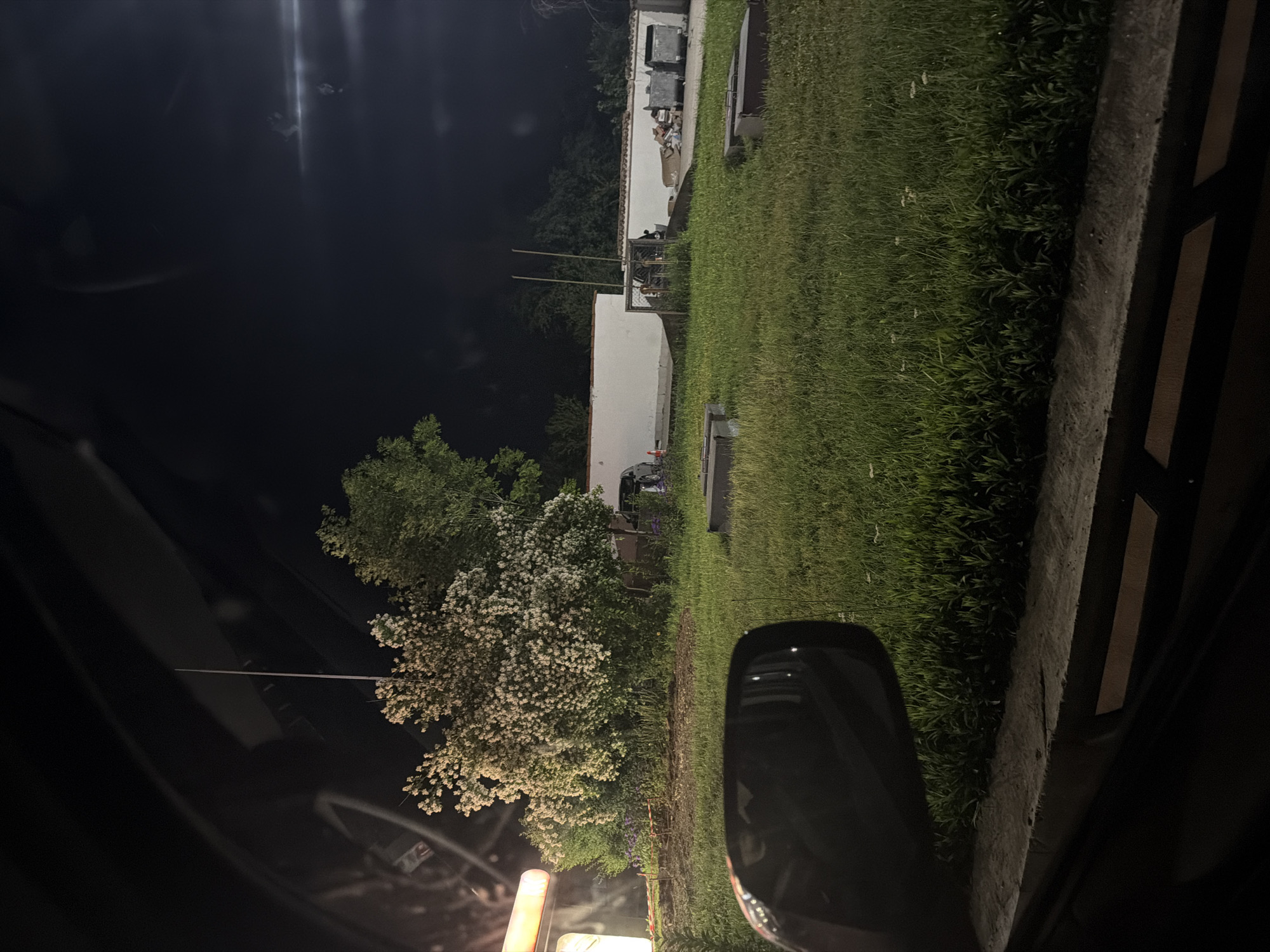 The scene is a nighttime view from inside a vehicle, possibly a car, looking out onto a landscape. The sky is dark, suggesting late hours. A white flowering tree is illuminated by an unseen light source and is positioned on the left side of the view. In the distance, there's a white structure, possibly a building or a trailer, adjacent to a grassy area. Further beyond, another white building with multiple grey containers can be observed. A concrete structure edges the frame on the right, along with the side mirror of the vehicle in the center. The location is a street, but without more landmarks, the city remains unknown.