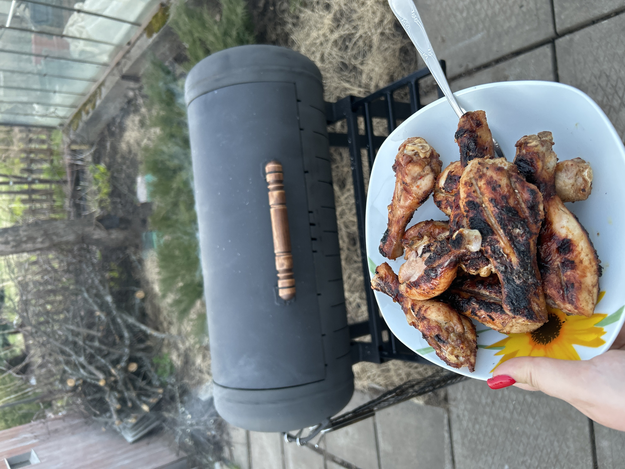 A plate of grilled chicken sits next to a vertical smoker grill on a gray concrete patio. A hand with red nail polish holds the plate, which has a floral design. The grill is black with a wooden handle. In the background, there's vegetation, possibly a garden or lawn. The scene appears to be outdoors. There is no evidence of the location being Bashur, Russia.