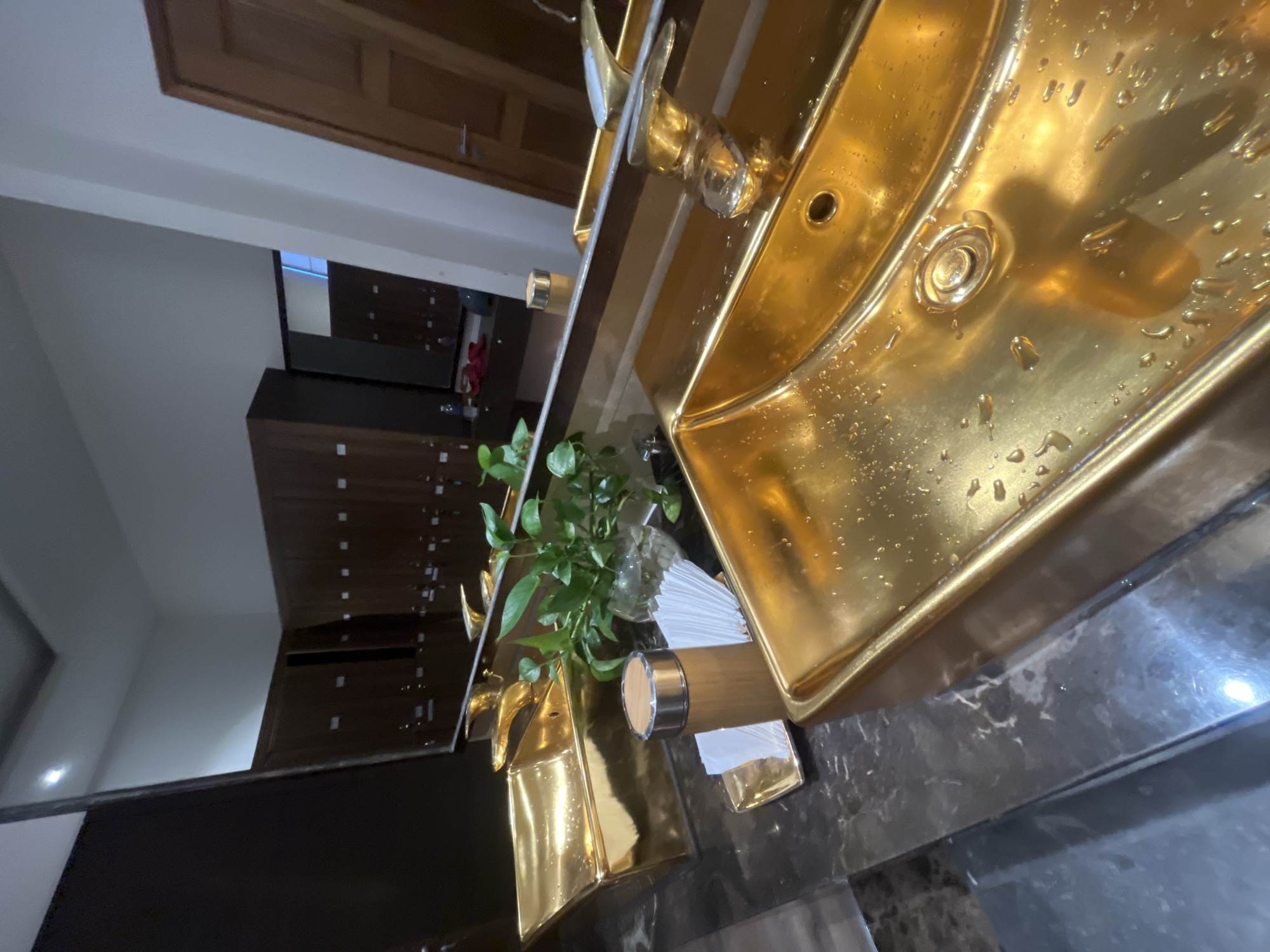 This image depicts a luxurious bathroom setting, likely in a spa or high-end establishment in Đà Nẵng, Vietnam. The focal point is a pair of striking gold sinks, one in the foreground and another partially visible in the background, both featuring golden faucets. The sink in the foreground has water droplets scattered across its surface. Adjacent to the sink is a small tray holding a wooden dispenser and a stack of white paper napkins. A lush green plant in a glass vase sits on the counter between the two sinks, reflecting in the large mirror that dominates the scene. The mirror also reflects a row of dark wooden lockers and a wooden door, suggesting a changing room or private area. The overall impression is one of opulence and cleanliness, with warm lighting illuminating the polished surfaces.