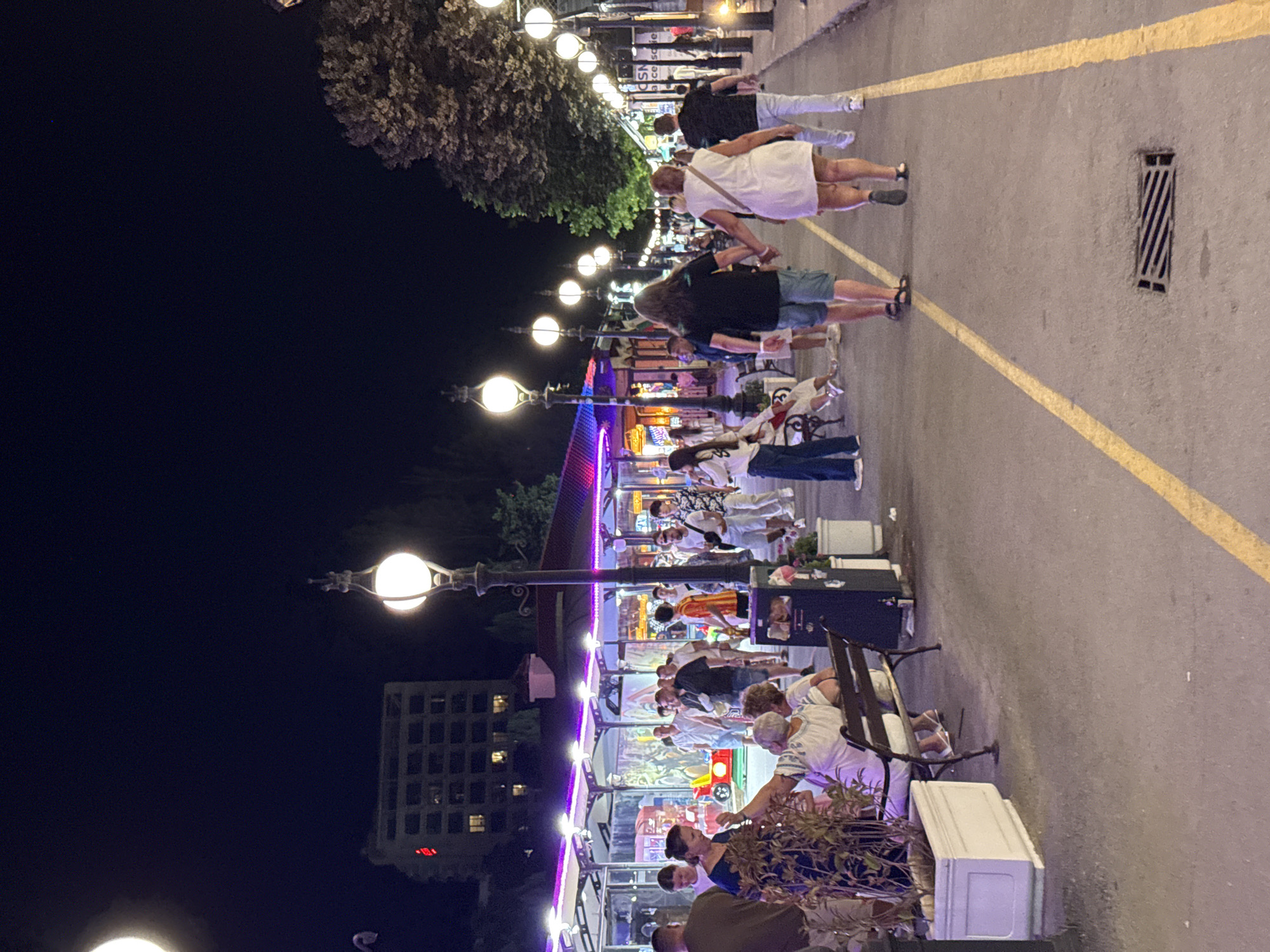This photograph captures a nighttime scene on a pedestrian walkway in Varna, Bulgaria, likely along the Sea Garden promenade or a similar bustling area. The walkway is illuminated by ornate street lamps and the vibrant lights of nearby establishments. Several people are seen walking in both directions, some in pairs and groups, suggesting a social atmosphere. The ground is paved and marked with yellow lines, indicating a designated path. To the left, there's a row of covered stalls or shops with colorful lights, and a white planter box with a plant. To the right, trees with dense foliage line the walkway, and more street lamps are visible. In the background, a multi-story building with illuminated windows is visible. The overall impression is one of a lively evening promenade.
