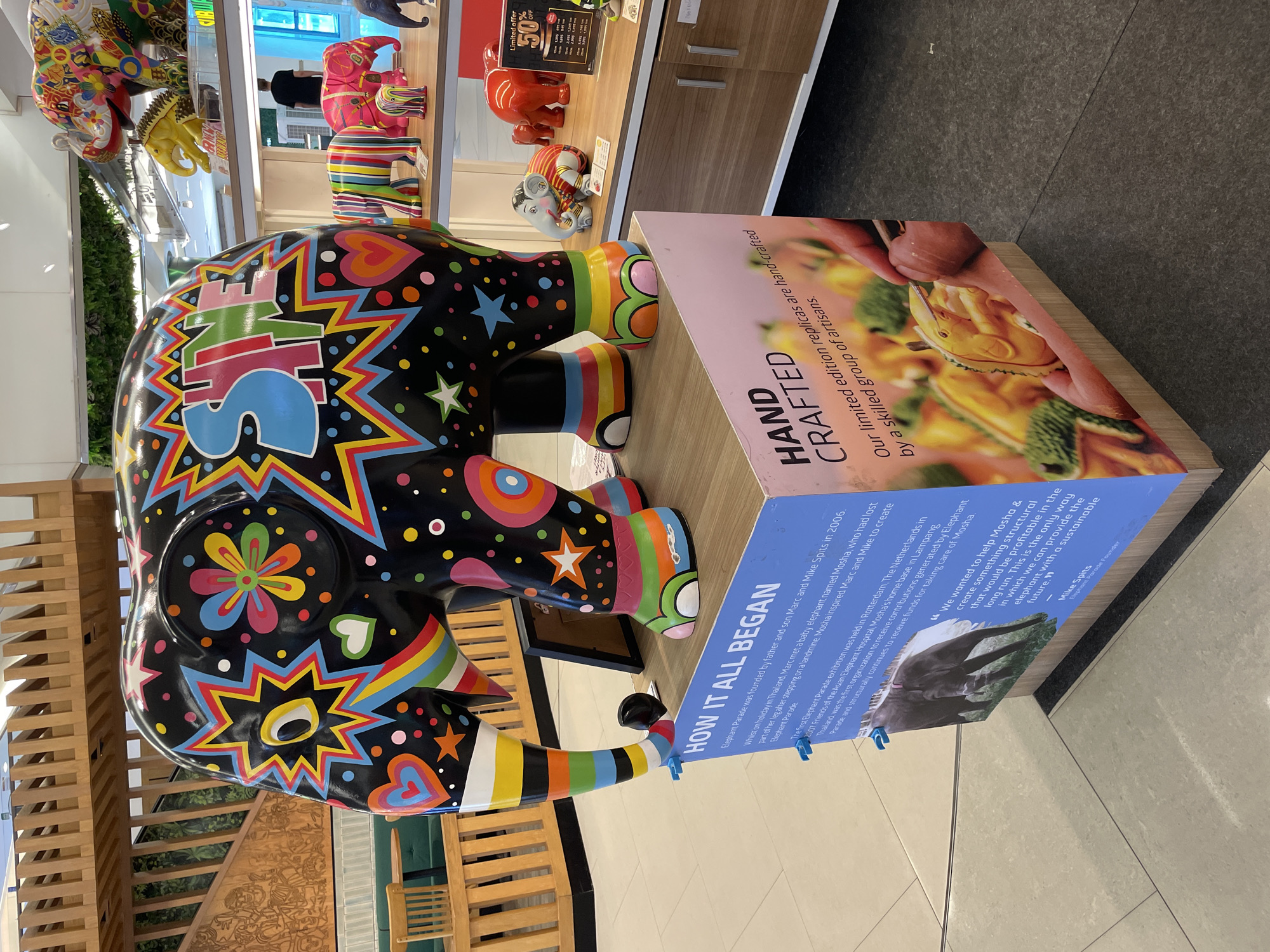 The image shows a large, black, decorated elephant statue with colorful patterns and the word "SHINE" on its side, standing on a display base. To the right of the statue, shelves are filled with smaller, similarly decorated elephant figurines and other animal statues. A sign on the display base reads "HOW IT ALL BEGAN" and "HAND CRAFTED". In the background, there are wooden railings, greenery, and a glimpse of a retail environment with a person in the distance. The scene appears to be in a public indoor space, possibly a shopping mall or exhibition area.