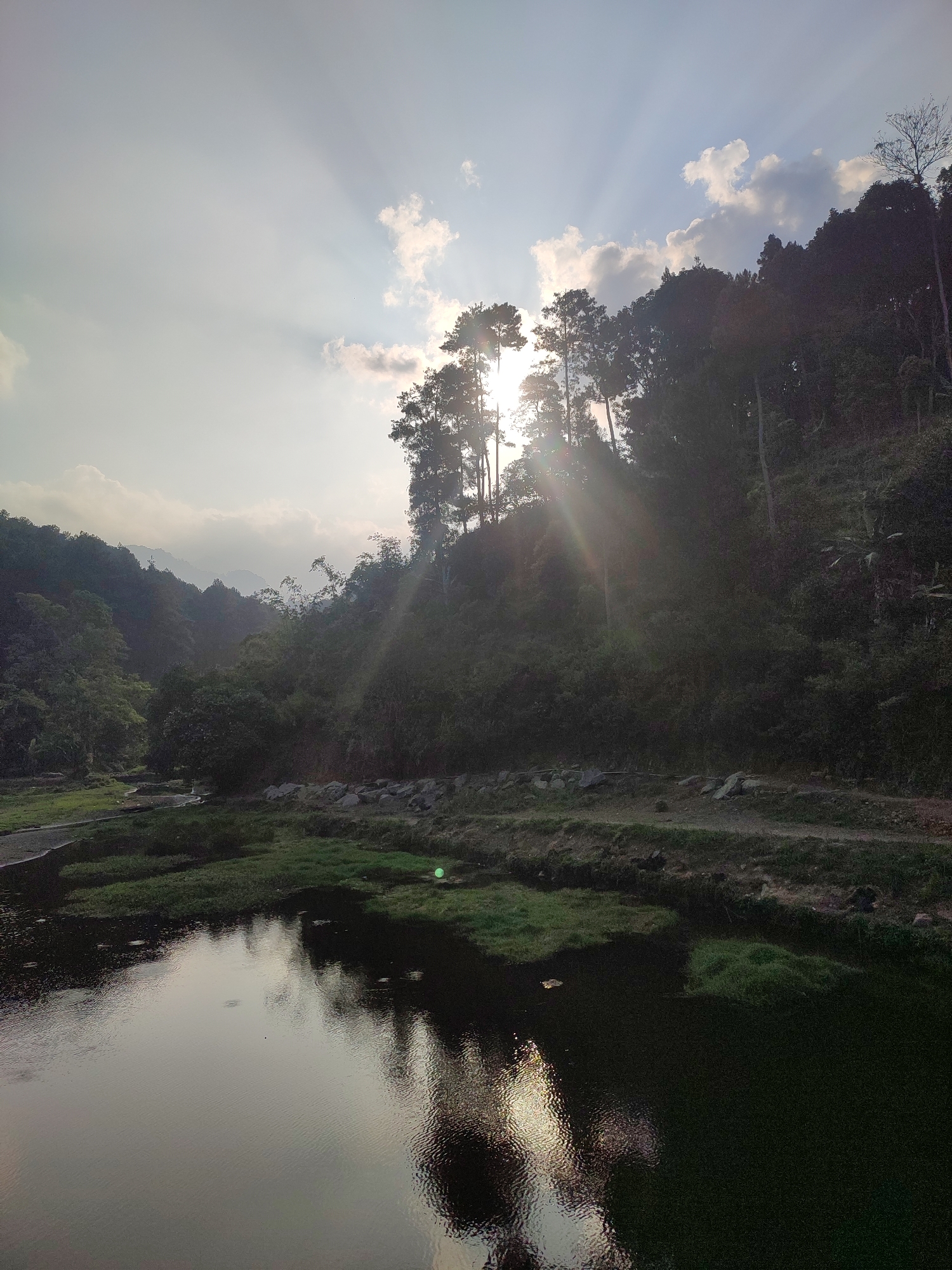 The image depicts a serene natural landscape in Joho, Indonesia, featuring a tranquil body of water in the foreground. The water's surface reflects the surrounding environment, including the sky and trees. Lush green vegetation covers the banks of the water, interspersed with rocky patches. Beyond the immediate water's edge, the terrain rises into a densely forested hillside. Tall trees, silhouetted against the sky, dominate the upper portion of the image, with some of their branches reaching towards the heavens. The sun is partially obscured by clouds, casting dramatic sunbeams that create a celestial effect, illuminating the scene with a soft, ethereal light. The overall impression is one of a peaceful and picturesque natural setting.