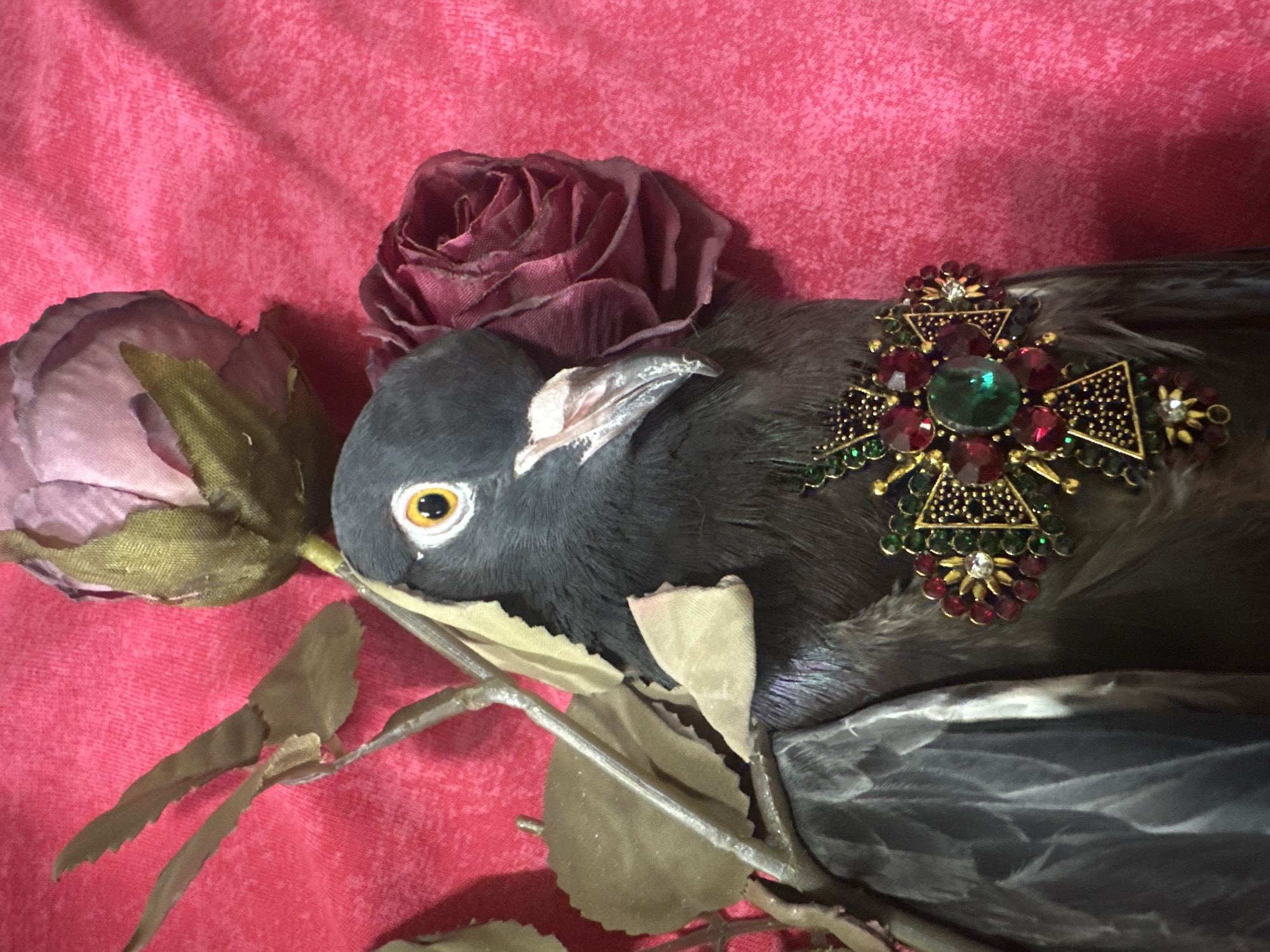 A taxidermied pigeon adorned with a jeweled brooch is positioned on a bright pink, textured surface. The pigeon faces to the right, with its head tilted downwards. Its eyes are open and yellow. Artificial floral elements, including a faded purple rose and a rose-colored rose, are placed around the pigeon. A branch with artificial leaves curves around the pigeon's neck. The scene is a close-up shot with no discernible urban environment or connection to Togliatti, Russia.