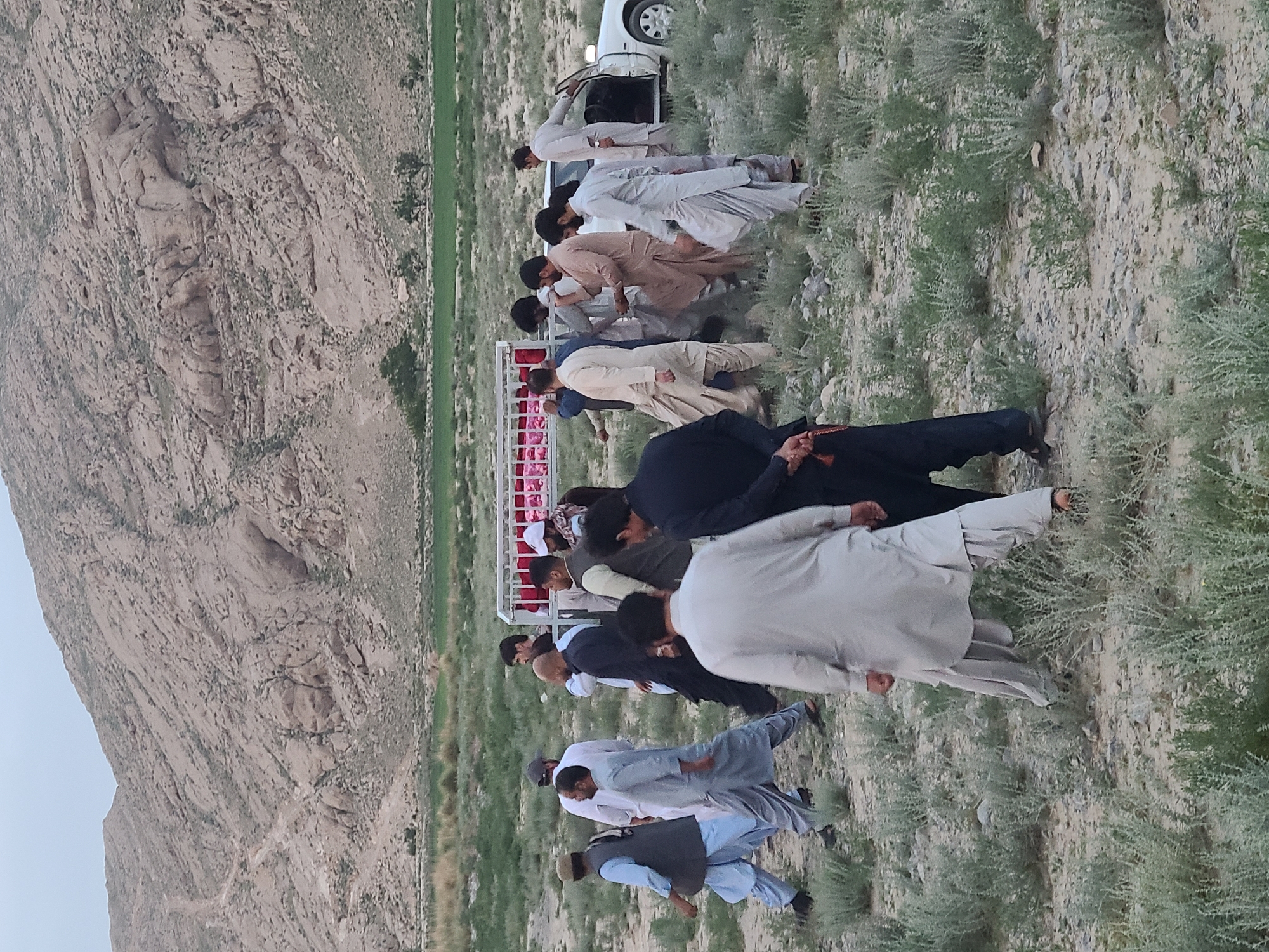 The image captures a group of numerous men gathered outdoors in a mountainous, semi-arid landscape, likely during dusk or dawn. The photo is rotated 90 degrees counter-clockwise.
The primary subjects are approximately two dozen men, most dressed in traditional South Asian attire, predominantly light-colored shalwar kameez, with some wearing dark vests or waistcoats. They are standing or in motion, congregating around two vehicles. On the right, a white sedan or small pickup truck is visible with its driver's door open. Towards the left foreground, there is a small trailer with white railings, loaded with several pink fabric items, possibly bedding or clothing.
The scene is set against a backdrop of a large, rugged, rocky mountain range occupying the left side of the frame. The terrain in the foreground and mid-ground consists of dry, light-colored soil dotted with sparse, scrubby green vegetation. A distinct, narrow strip of vibrant green cultivated land or dense vegetation runs horizontally in the mid-distance, separating the closer ground from the mountains. The overall lighting is soft and diffused, characteristic of twilight hours, with a pale, overcast sky.
The activity appears to be a communal gathering or a stop during travel, with men either preparing to depart, having just arrived, or engaged in loading/unloading the items from the trailer and car. Their collective presence suggests a shared purpose or social interaction in this outdoor setting. No specific emotions are clearly discernible, but the overall atmosphere seems calm.
There is no visible text in the image. The attire and landscape strongly suggest the location context of Quetta City Tehsil, Pakistan.