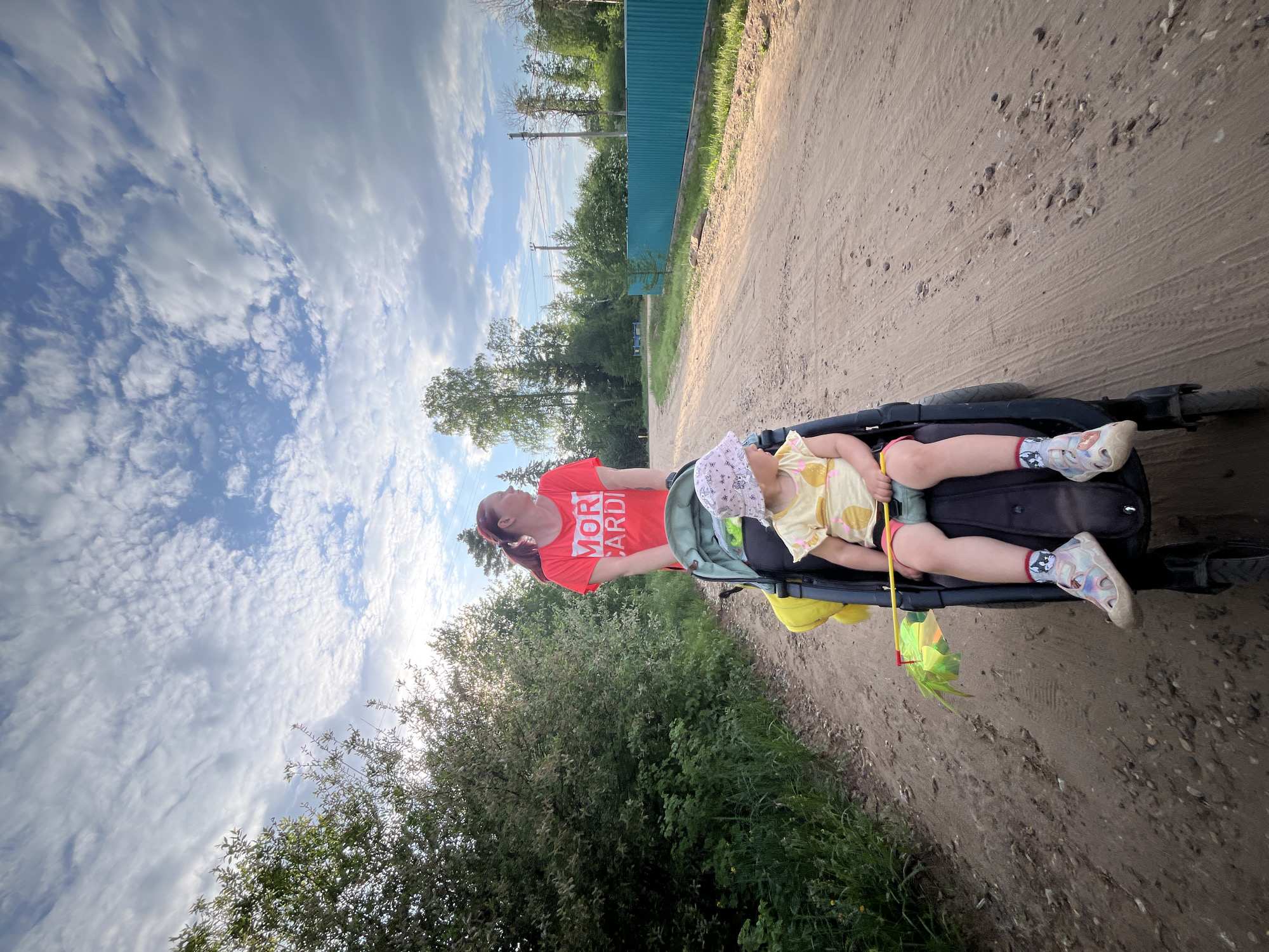 A woman in a red t-shirt is standing beside a stroller with a sleeping child in it. The child is wearing a yellow dress and a white bonnet, and is holding a toy. The stroller is on a dirt path next to a green area with trees and bushes. In the background, there is a blue fence and a partly cloudy sky. The image appears to be taken in a rural area, possibly on the outskirts of the city of Chaikovsky, Russia.