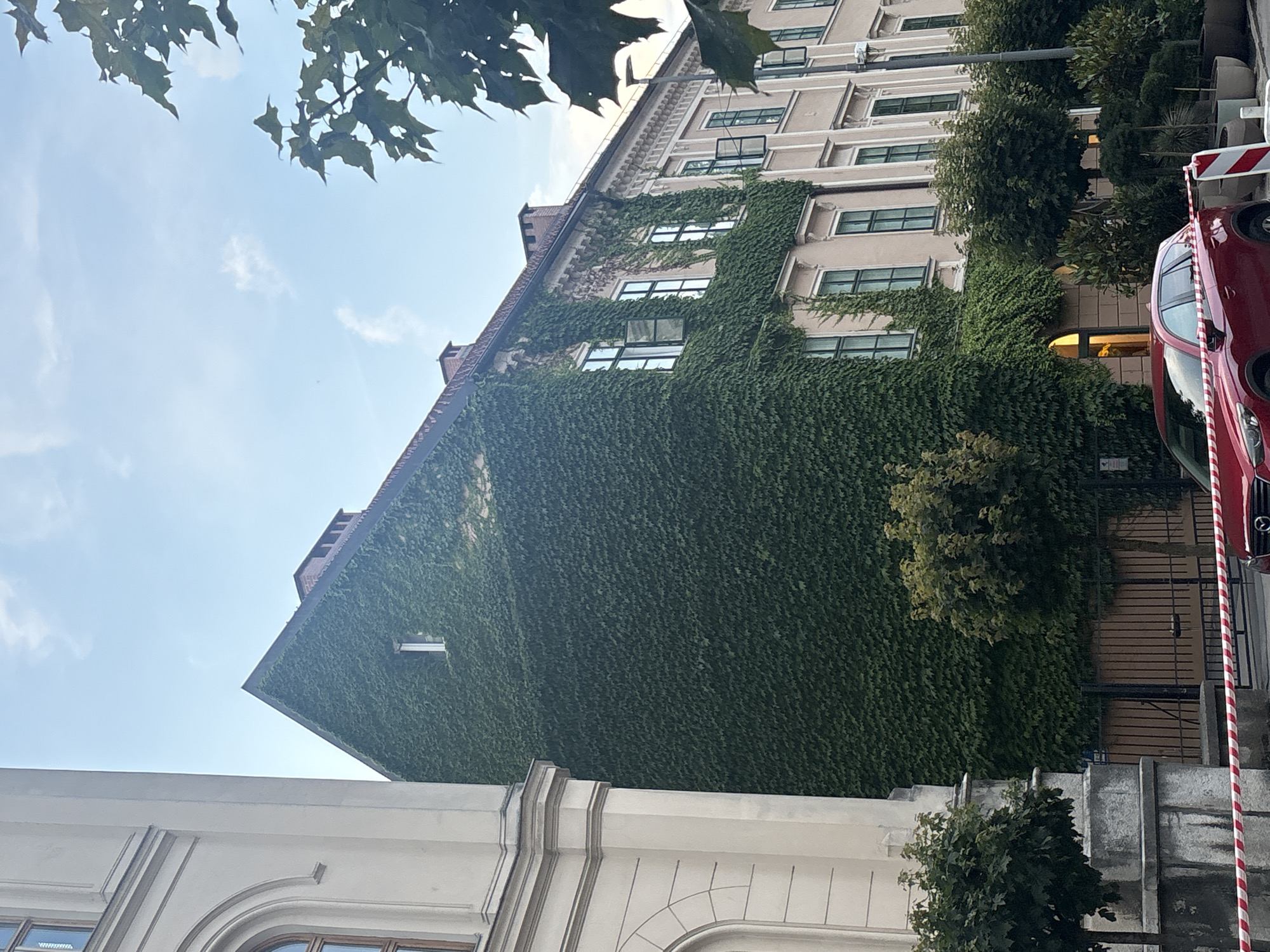 The image shows a side view of several buildings. The building on the left is light-colored with arched windows. Adjacent to it is a building covered in dense green ivy. This ivy-covered building has a steep gabled roof and several windows. Further down the street, more buildings with light-colored facades and numerous windows are visible. Trees line the sidewalk in front of these buildings. A red car is parked in the foreground, partially obscured by red and white striped tape. The sky is blue with scattered clouds.