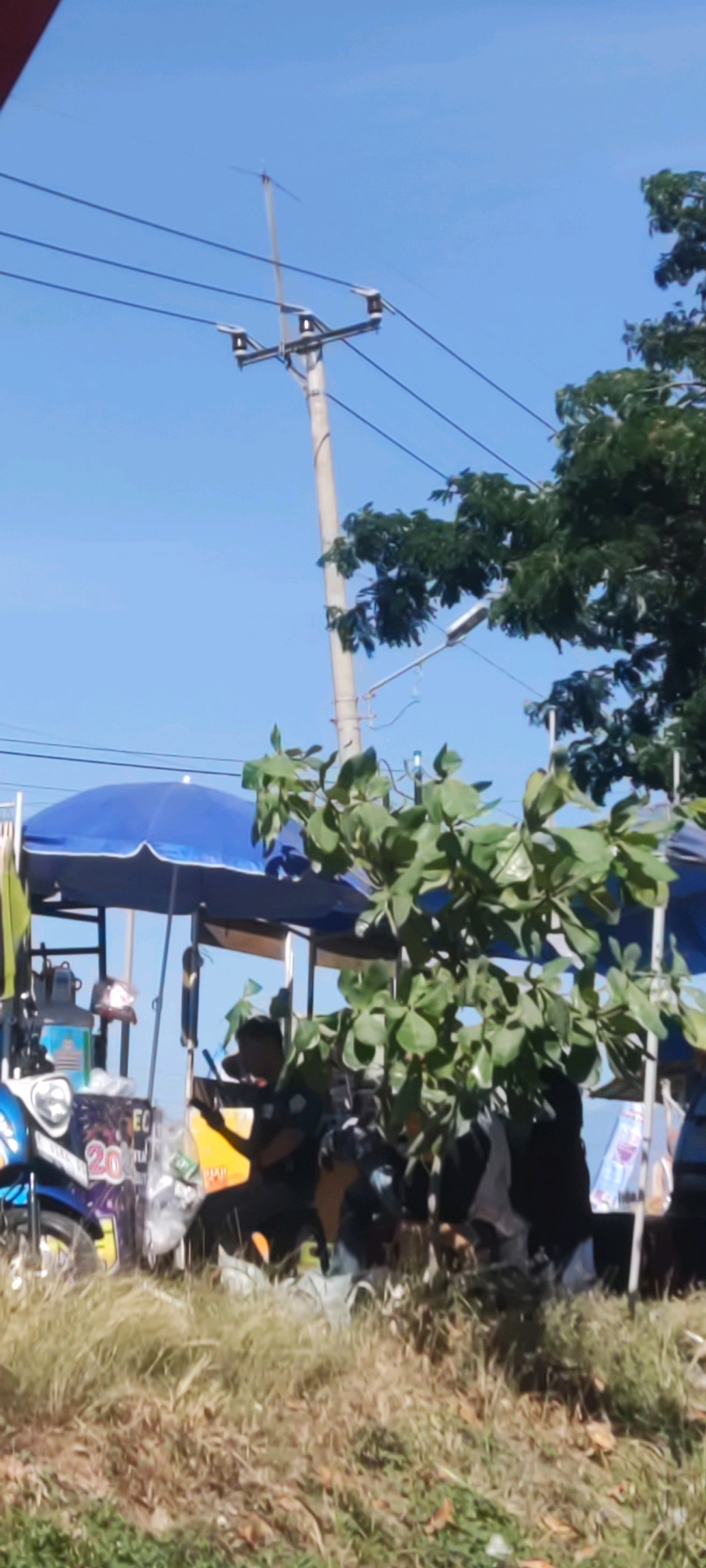An outdoor scene depicts a street vendor setup under a blue umbrella, with a prominent utility pole and power lines overhead. A person in a dark uniform is seated, possibly operating the vendor stall. A blue motorcycle is parked to the left. The foreground shows overgrown grass and dry foliage. The background includes more greenery and a clear blue sky. The scene suggests a commercial area in Gebang Kulon, Indonesia, likely a roadside market or small shop.