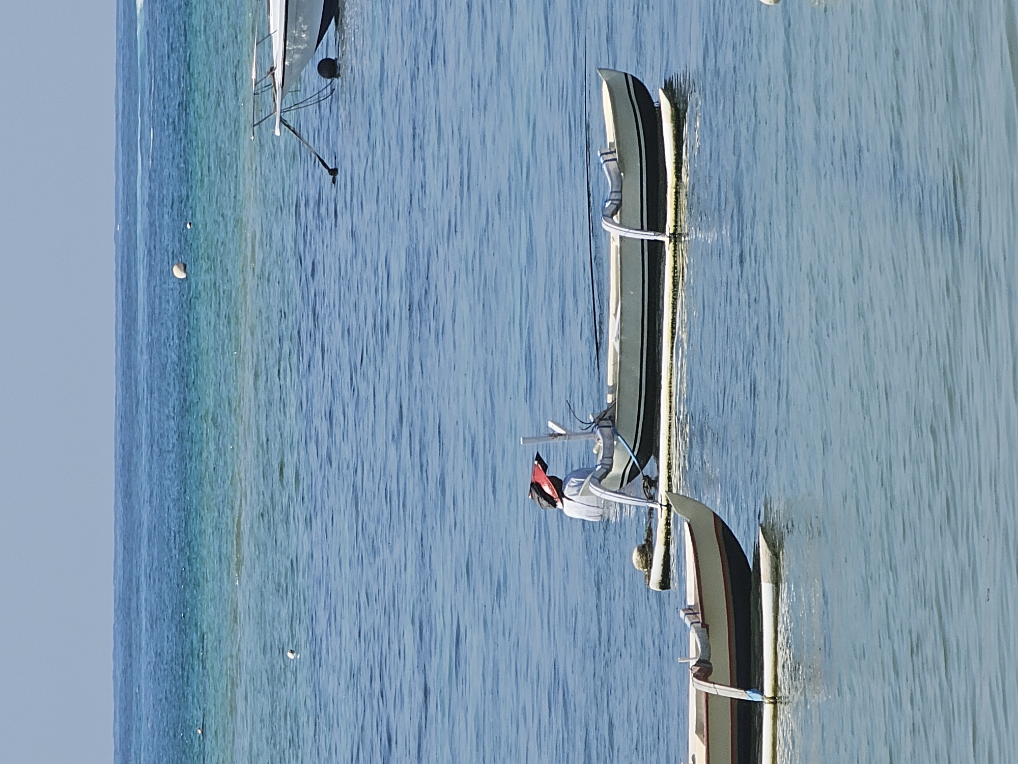 This image depicts a tranquil scene on the ocean near Denpasar, Indonesia, likely a coastline or harbor area. The water is a clear, vibrant blue, transitioning to lighter turquoise hues closer to the shore, indicating shallow, possibly coral-rich areas. The sky is a pale, cloudless blue.
In the foreground, two traditional Indonesian outrigger boats are anchored. The closest boat, on the left, is partially visible, its hull painted in shades of beige and a dark stripe near the waterline. A portion of its outrigger is visible, extending horizontally from the hull for stability. A light-colored rope is attached to it.
To the right and slightly further back, a larger outrigger boat is more fully depicted. Its hull is predominantly white with a dark stripe. One of its outriggers is clearly visible. Within this boat, a person is standing, partially submerged in the water, wearing a light-colored shirt and a distinctive red and black conical hat. The person appears to be tending to the boat or engaged in some activity related to its mooring.
In the mid-ground, several buoys are scattered across the water, marking off areas or acting as moorings. Further in the distance, another white boat, a motorboat, is moored, its bow pointing towards the viewer. The ocean stretches out to the horizon, where the blue of the water meets the pale blue of the sky. The water's surface is rippled, suggesting a gentle breeze. The overall impression is one of a peaceful day by the sea, with traditional maritime activities taking place.
