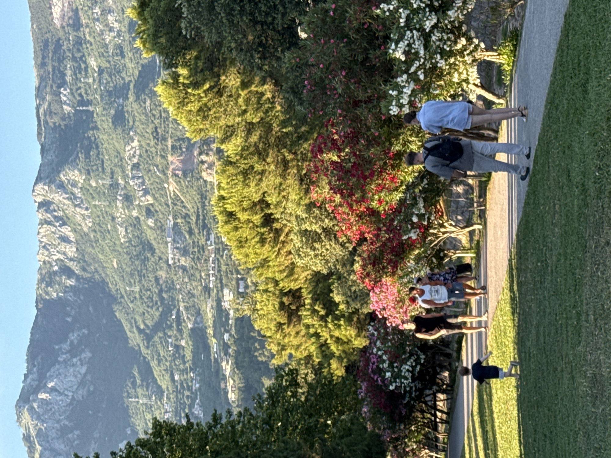 In the city of Budva, Montenegro, a group of people are walking along a paved path lined with lush greenery and vibrant flowering bushes. A young child in a dark shirt and light shorts runs ahead on a grassy area. Behind the child, three adults walk along the path. The first adult is a man in a black sleeveless shirt and dark shorts. The second is a man in a white sleeveless shirt and blue shorts. The third is a woman in a floral print dress. Further along the path, two more adults are walking away from the camera. One is a man wearing a grey t-shirt and grey pants, carrying a black backpack. The other is a woman in a light blue button-down shirt and white shorts. The path winds through a garden with trees and colorful flowers, including red and white blossoms. In the background, rolling green hills dotted with houses rise up towards a rugged mountain range under a clear blue sky. The scene appears to be bathed in the warm light of late afternoon or early evening.