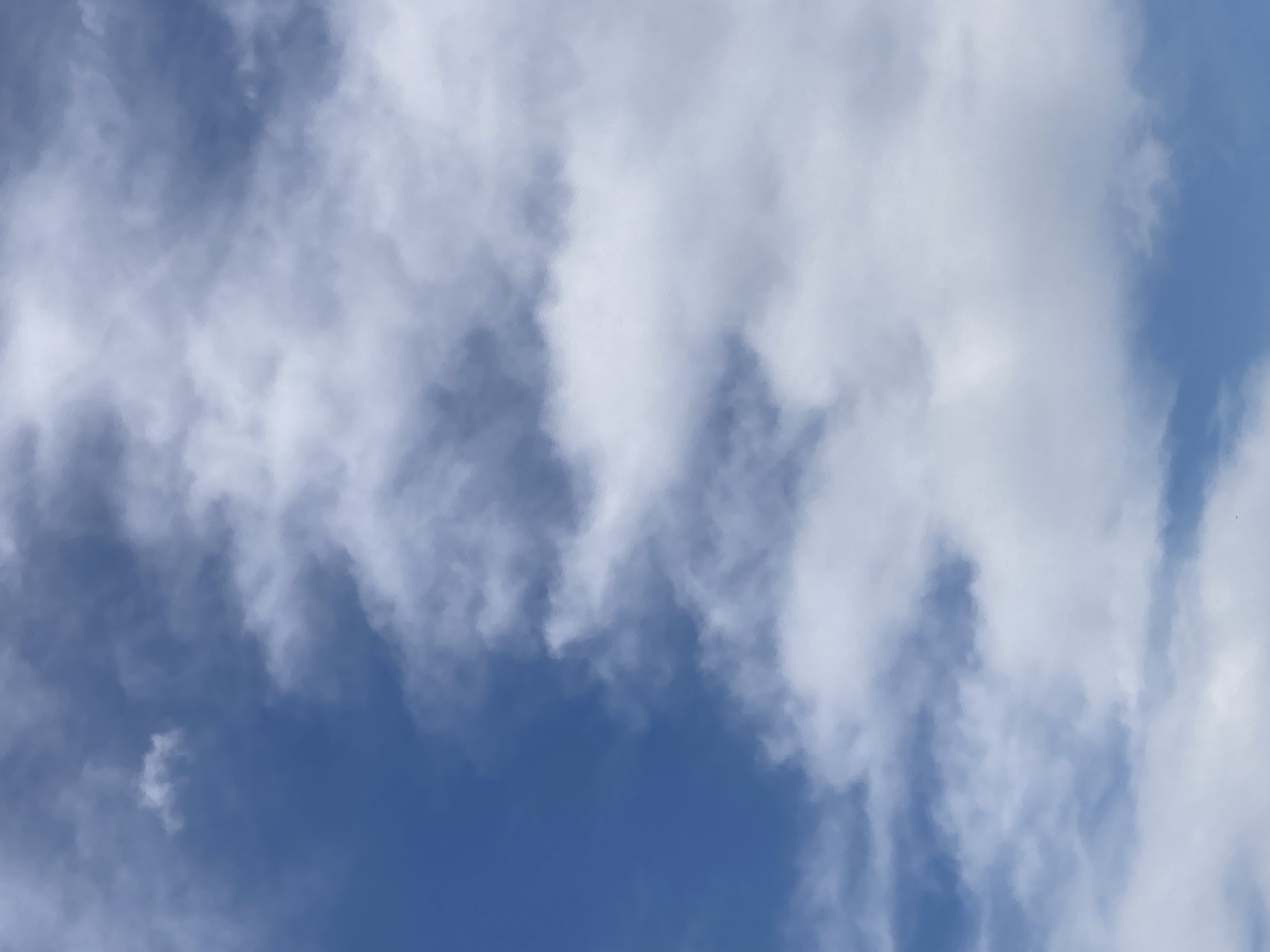 The image shows a clear blue sky with scattered white clouds. The clouds are wispy and appear to be at a moderate altitude. The sky takes up the majority of the frame, with no discernible ground features or any indication of the city of Ракиты, Russia. There are no people, subjects, objects, actions, or interactions visible in the image.