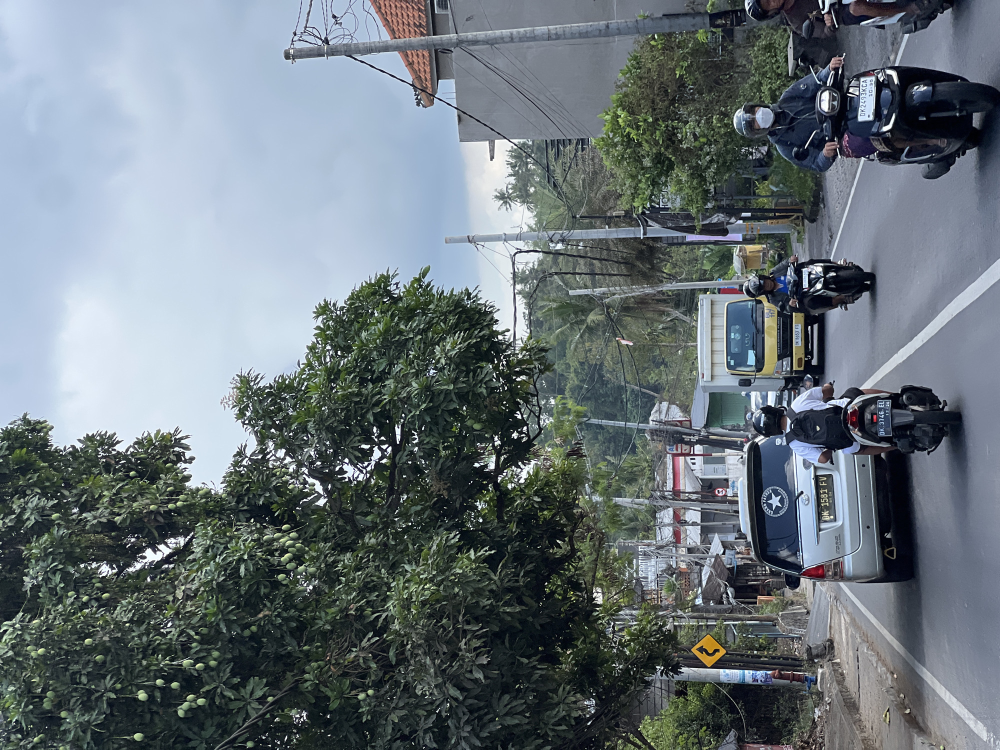 The image depicts a street scene in Abiansemal, Indonesia, with a mix of vehicles and foliage. In the foreground, several motorcycles are traveling on a paved road. One motorcycle in the right foreground has a rider wearing a mask and a helmet, with a license plate reading "DK2493KCA". To the left, another motorcycle has a rider with a white backpack. A silver car with license plate "DK 1581 FV" is in front of the motorcycle with the backpack. A yellow truck is visible further down the road. Large trees with green leaves, some bearing small, green fruit, dominate the left side of the frame. Buildings and utility poles with numerous wires line the right side of the road. The sky is overcast. The environment suggests a tropical or subtropical location due to the lush vegetation.