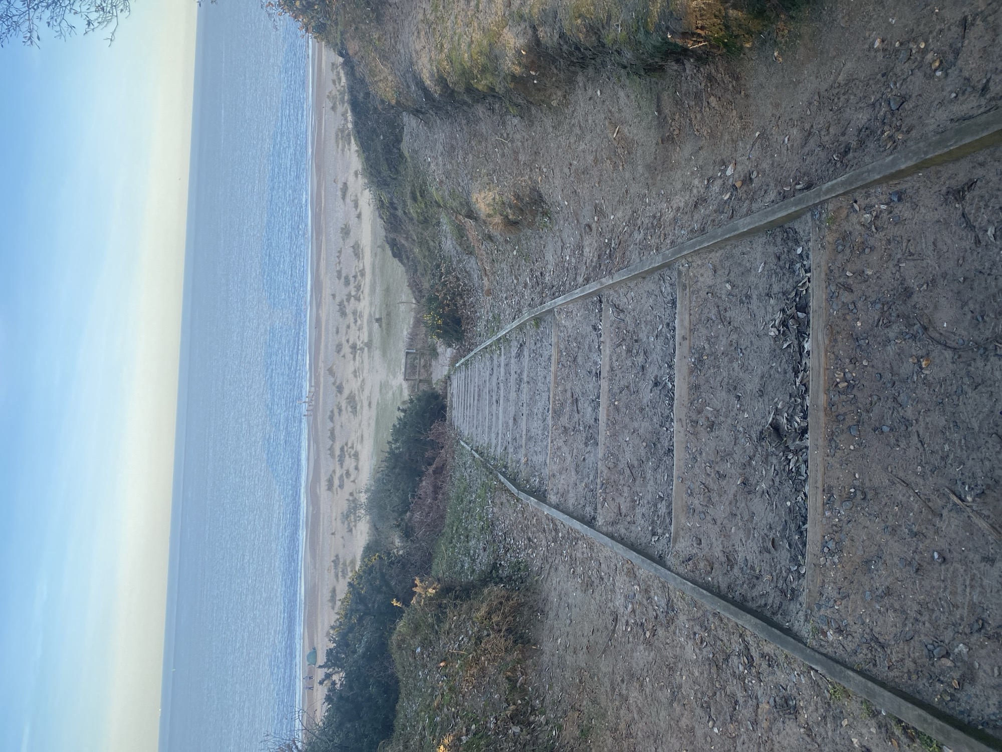 The image depicts a set of wooden stairs leading down a sandy cliff towards a beach and the sea. The stairs are constructed with wooden steps and side rails. The cliffside is covered in vegetation. The beach is sandy with scattered vegetation and several people. In the background is the ocean and the sky. Based on the provided location of East Suffolk, United Kingdom, this could be a coastal area with cliffs and beach access.