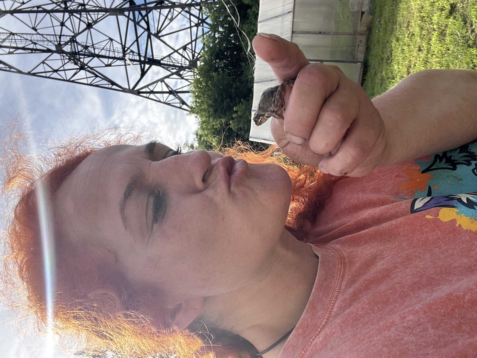 A woman with bright red, curly hair is shown in profile, leaning in to kiss a small frog that is perched on her index finger. She is wearing a coral-colored t-shirt. The background is a grassy yard with a greenhouse and a large industrial tower. The sky is cloudy. The scene appears to be outdoors on a sunny day, likely in a rural or semi-rural area. The overall impression is one of tenderness and nature. This image does not provide any specific clues about the location within the city of Chaikovsky, Russia.