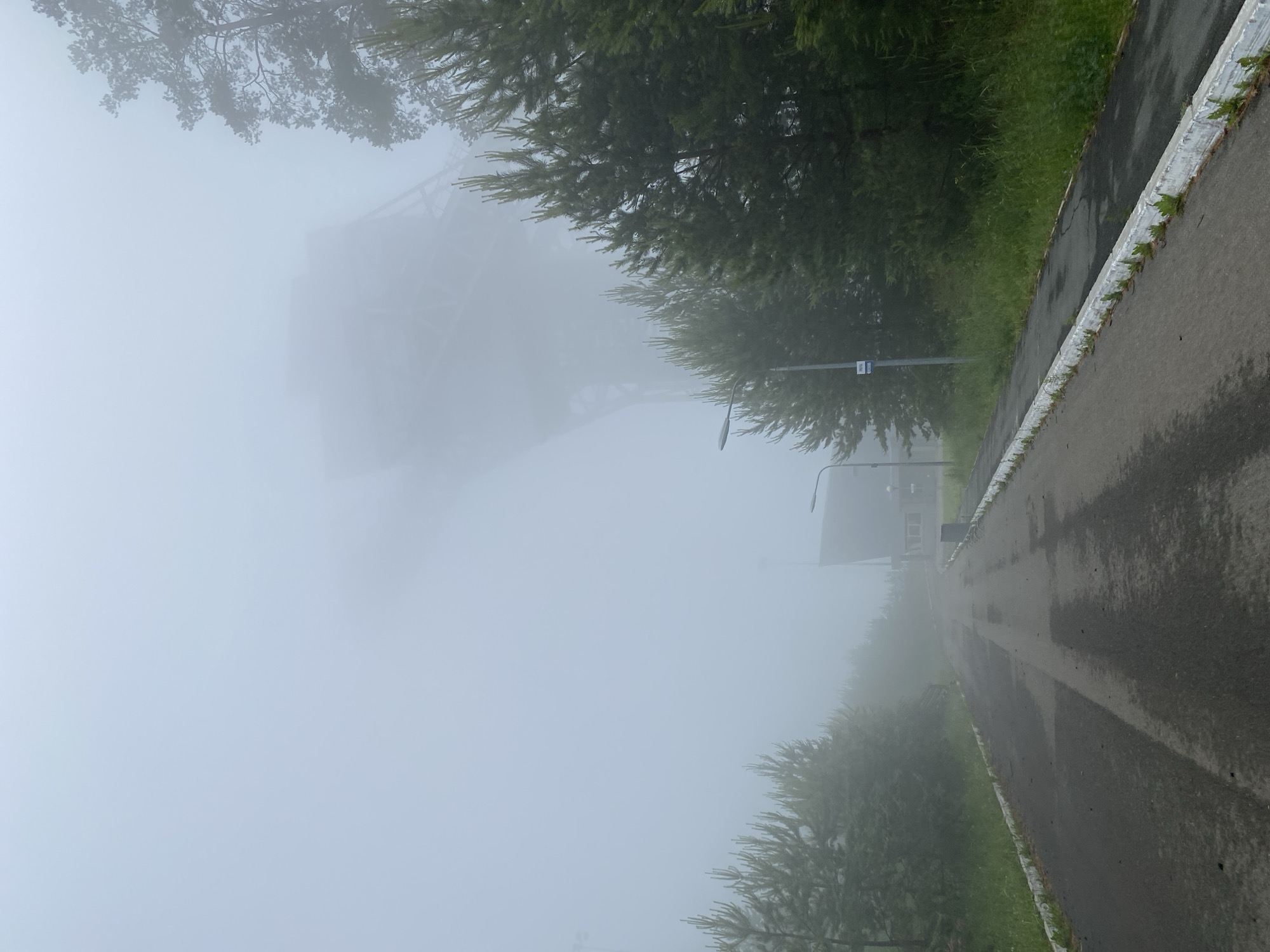 The image, correctly oriented, presents a tranquil yet obscured outdoor scene dominated by dense fog, likely in Прикамский, Russia. A wet, paved road or pathway stretches into the distance, bordered on the right by a low white curb or barrier adorned with small green plants. Lush green vegetation, including coniferous trees, lines both sides of the path, with thicker tree cover on the left.
Visibility is severely limited by thick, grayish-white fog, which diffuses the light and creates a soft, ethereal atmosphere. Through the heavy mist on the left, a large, dark, metallic structure with a lattice framework is faintly visible, possibly indicating a bridge, industrial tower, or part of a substantial building. Further down the path on the right, a building with a dark roof and lighter walls is partially obscured by the fog, alongside which stands a street light or utility pole. Another utility pole, closer to the foreground, also features a small, rectangular sign, the text of which is unreadable due to distance and fog.
The overall impression is one of quietude and mystery, characteristic of a heavily foggy day. The wet pavement suggests damp conditions, likely from the fog itself or recent rain. No people or discernible activities are present, leaving the scene to the natural elements.