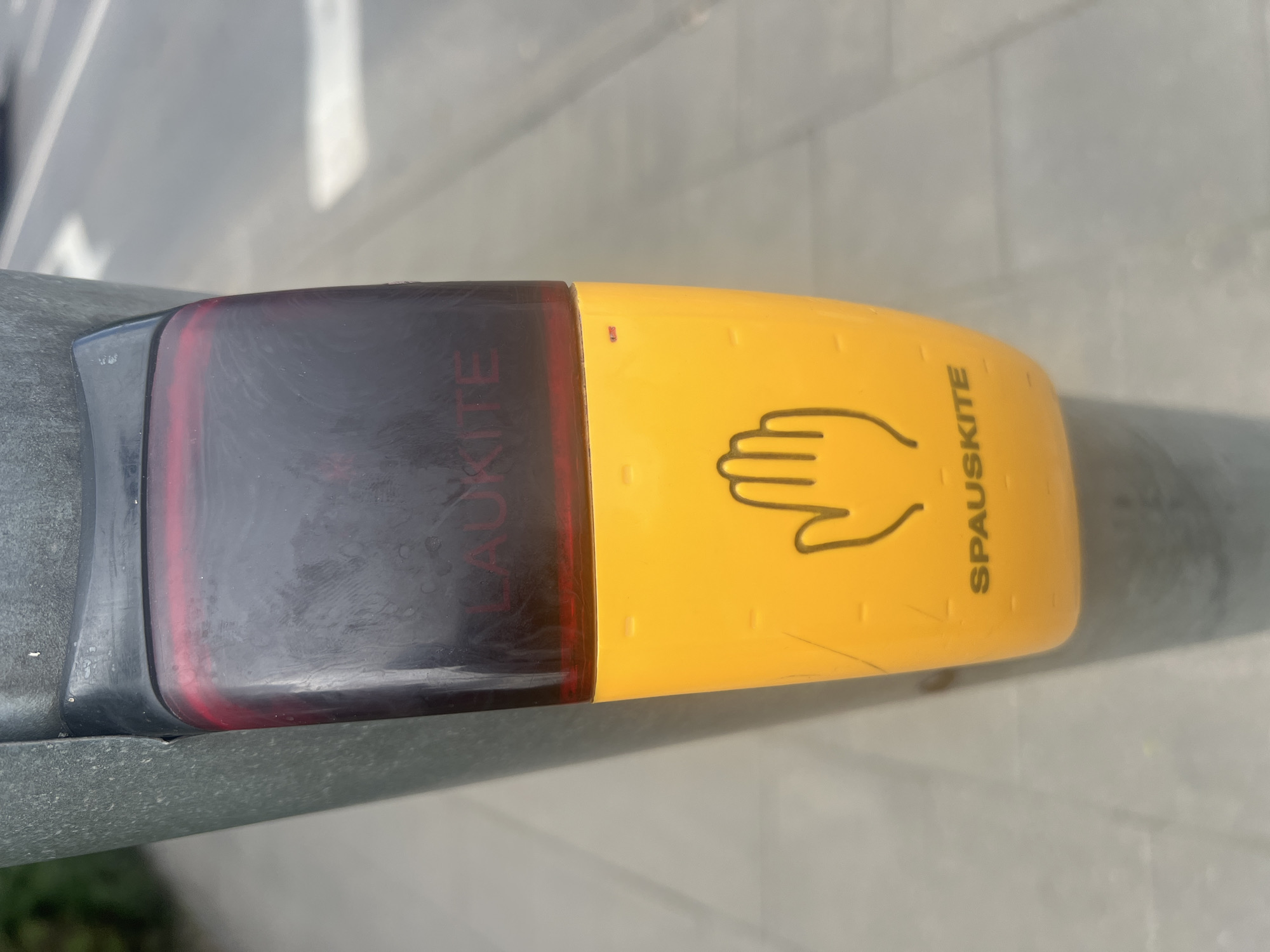 The image shows a close-up of a traffic signal button attached to a pole on a sidewalk. The button is predominantly yellow with a black top section. The black section has red lettering that reads "LAUKITE", which means "WAIT" in Lithuanian. Below this, on the yellow part of the button, is a black graphic of a hand. Further down, also on the yellow section, is the red lettering "SPAUSKITE", meaning "PRESS". The background shows a street and sidewalk, suggesting an urban environment, likely in Vilnius, Lithuania, given the Lithuanian text.