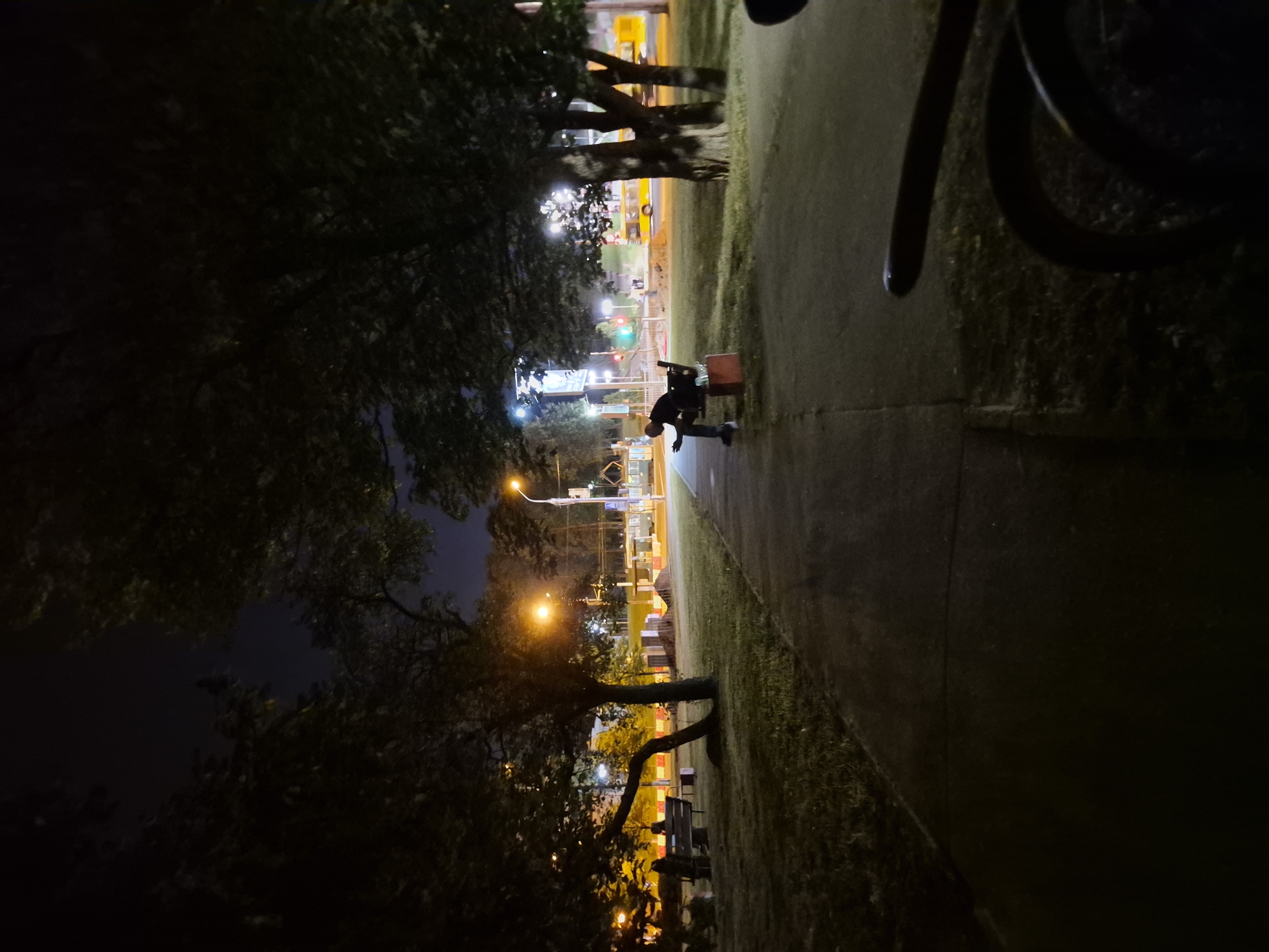 A lone individual sits on a park bench at night, illuminated by streetlights and the glow of a mobile device. The scene unfolds on a paved pathway in a park setting, with lush green grass and mature trees framing the view. Beyond the park, a street scene unfolds with illuminated buildings, traffic signals, and a yellow bus, suggesting an urban environment. The presence of a bicycle in the foreground hints at a mode of transportation. Based on the distinct visual cues of the architecture and street layout, this scene is consistent with an urban park in Minsk, Belarus.