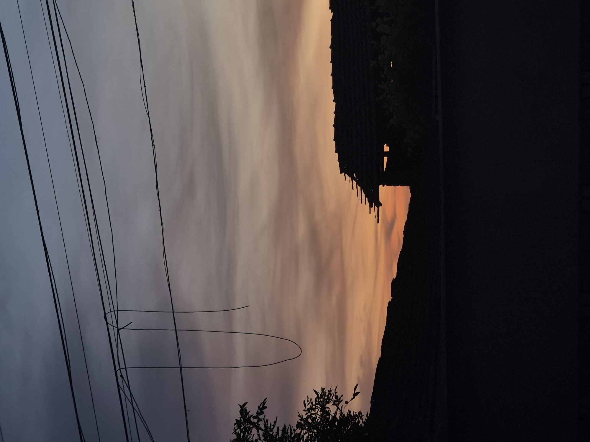 The image captures a sunset in Pavlikeni, Bulgaria. In the foreground, power lines extend from left to right. Below, foliage of a tree is partially visible. In the background, a silhouette of a building's roofline is visible with a hint of orange light through the decaying structure. The sky transitions from blue-gray on the left to orange on the right.