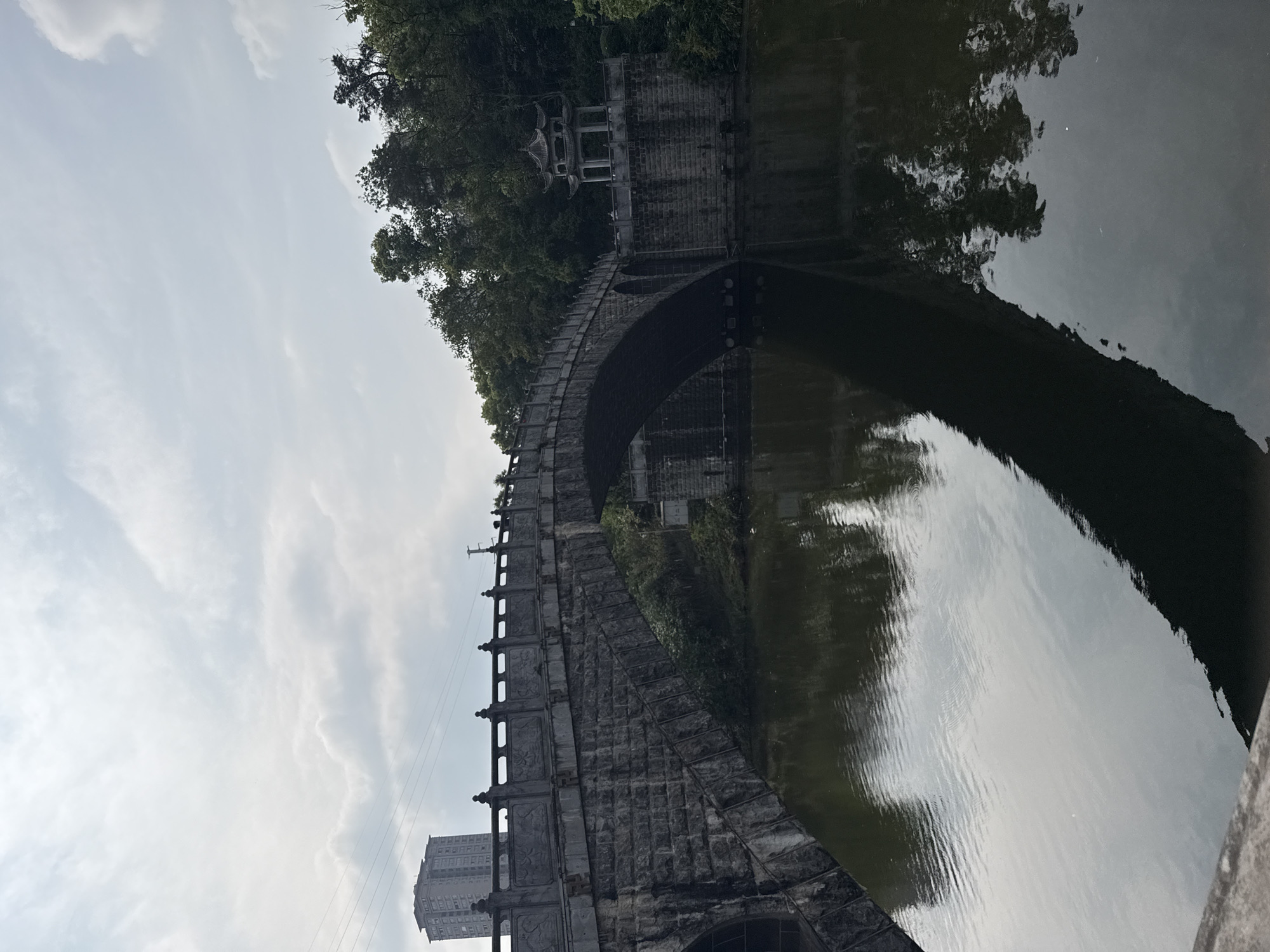 A long, arched stone bridge spans a body of water. The bridge appears to be ornately decorated along its sides with protruding elements. A multi-story building is visible behind the bridge. The water reflects the bridge, sky, and trees. The image is oriented with the sky on the left and the water on the right. The location is in Jiulongpo District, China.