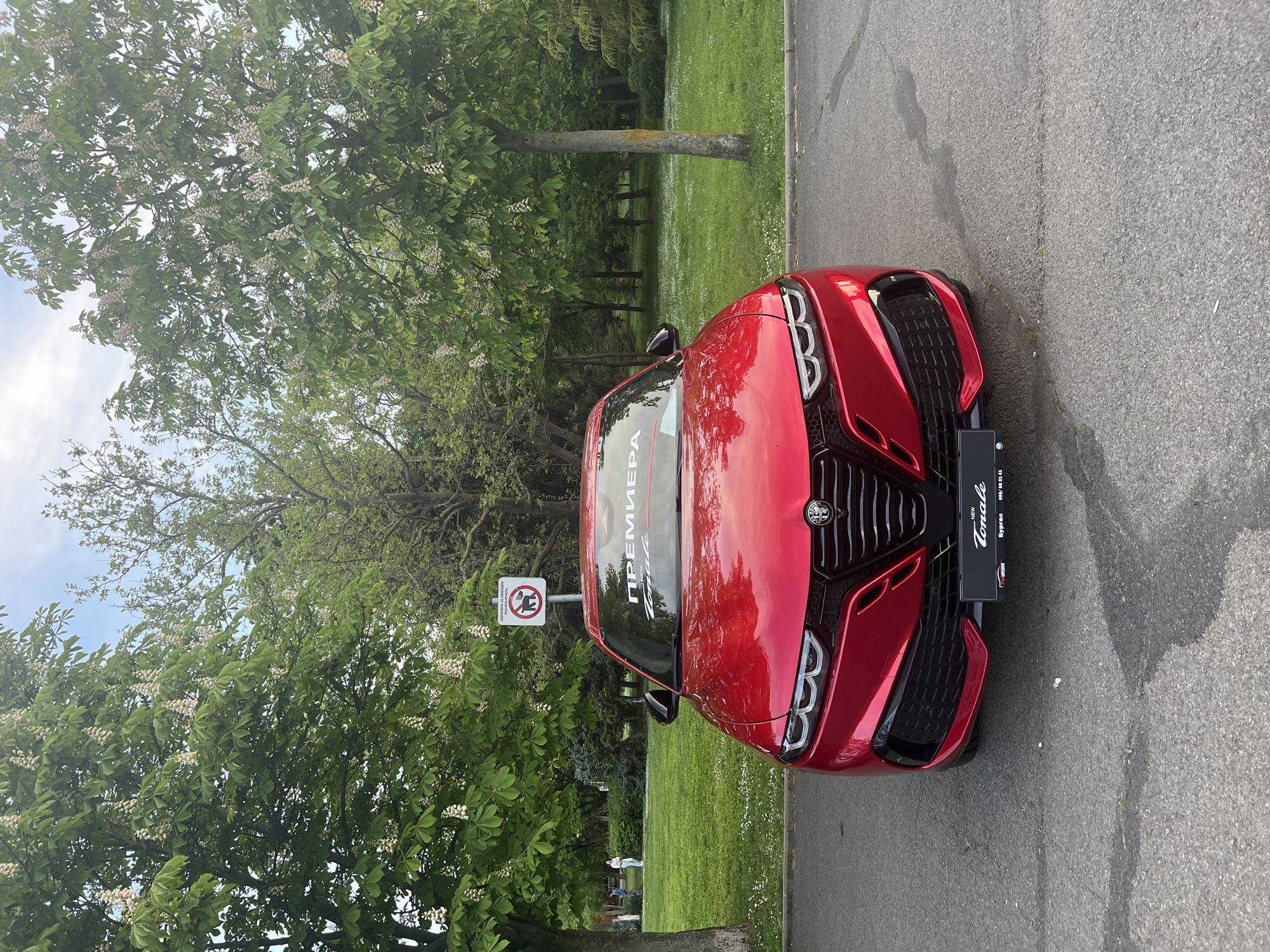 The image shows a red Alfa Romeo Tonale parked on a paved road. The car is facing the viewer. A black license plate frame with the word "Tonale" and "Бургос" (Burgas) is visible. The background features a green lawn with scattered white flowers and trees with white blossoms. In the distance, there are people in the park. A sign depicting a crossed-out dog walker is near the car. The location is likely a park area in Burgas, Bulgaria, given the text on the license plate frame and park signs.
