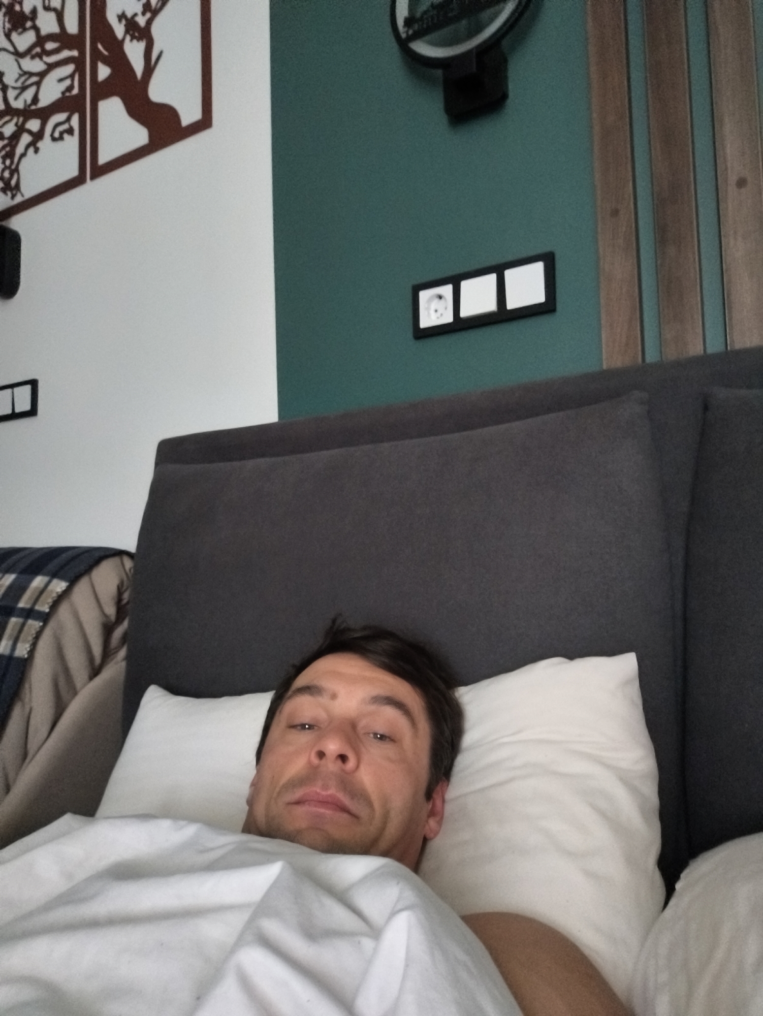 A man lies in bed under a white sheet, resting his head on a white pillow. Behind him is a gray headboard. The wall behind the headboard is divided into two sections: the upper section is green, and the lower section is white. On the white section, there is a decorative brown tree design. On the green section, there is a black clock, a triple light switch, and a wooden slat design. The location is likely a bedroom in a residential building in Moscow, Russia, given the architectural style and decor.