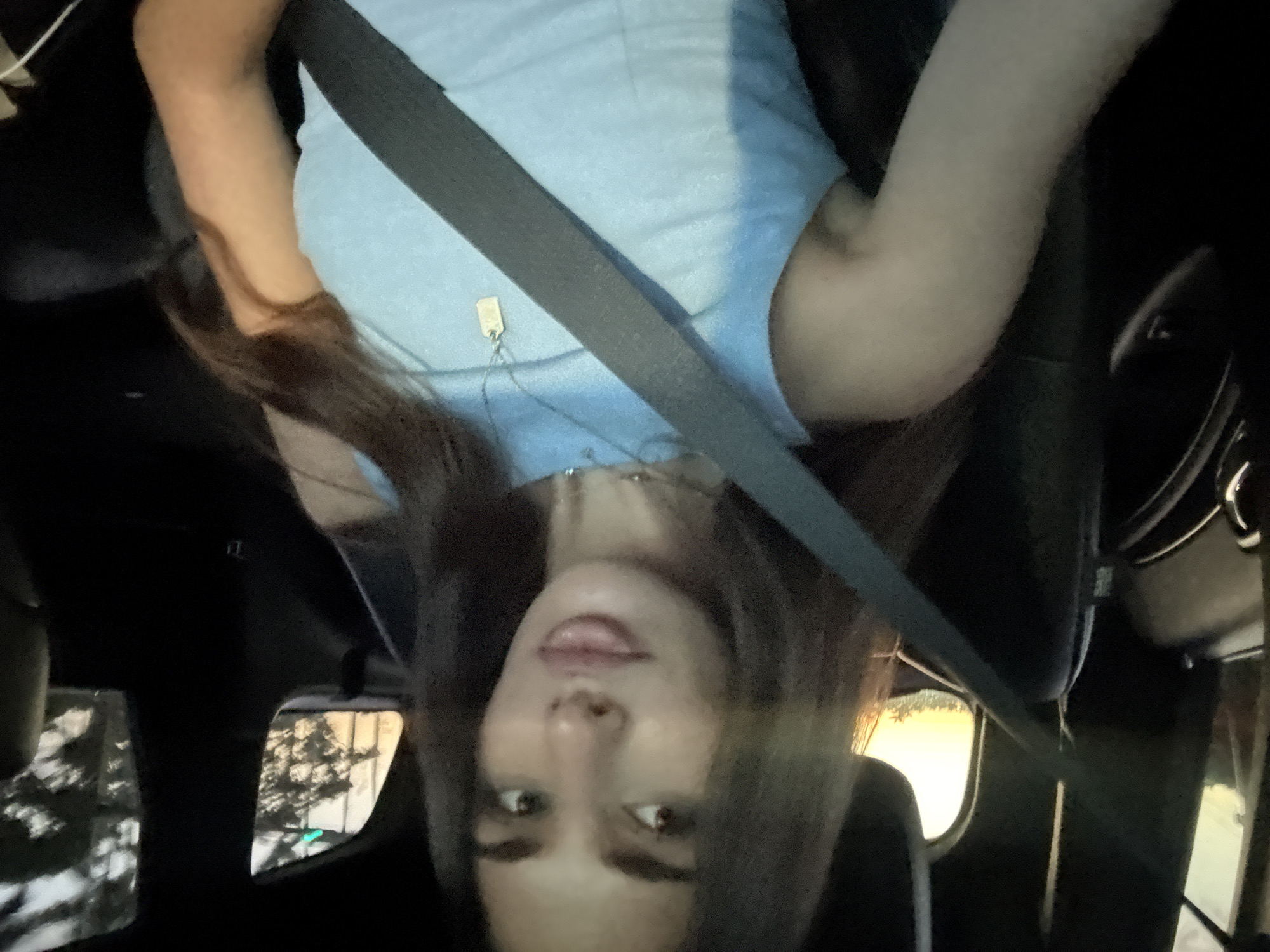 A female individual is positioned in the front passenger seat of a vehicle, taking a selfie. She has long, dark hair and is wearing a light blue sleeveless top. A dark-colored seatbelt crosses diagonally from her right shoulder to her left hip. She wears a delicate chain necklace with a small, rectangular, light-colored pendant, and another thin chain visible higher on her neck. Her left arm is partially visible. The car interior appears dark.
Through the vehicle's windows, a twilight scene is visible, characterized by a golden-orange glow on the horizon, indicative of either sunset or sunrise. Silhouettes of trees, including distinct palm trees, are visible against the sky. A green traffic signal light is discernible through one of the side windows, suggesting the car is at or approaching an intersection. The natural vegetation and atmospheric conditions are consistent with the region of Boca Raton, United States of America.