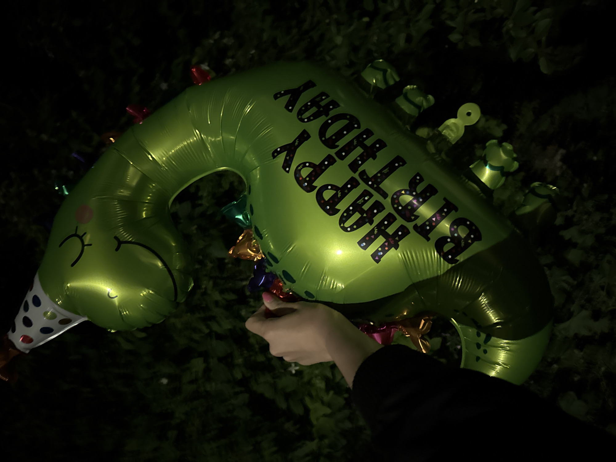 A bright green dinosaur-shaped balloon, designed for a birthday celebration, is held by a person's hand. The balloon features a smiling face, a polka-dot party hat, and the words "HAPPY BIRTHDAY" printed in bold black letters with confetti-like patterns. Several smaller, star-shaped balloons in metallic red and gold are attached to the main balloon. The background consists of dark, leafy foliage, suggesting an outdoor nighttime setting. The image is cropped from the shoulder down, showing the arm and hand of the person holding the balloon. The scene is dimly lit, with the balloon being the primary source of illumination.