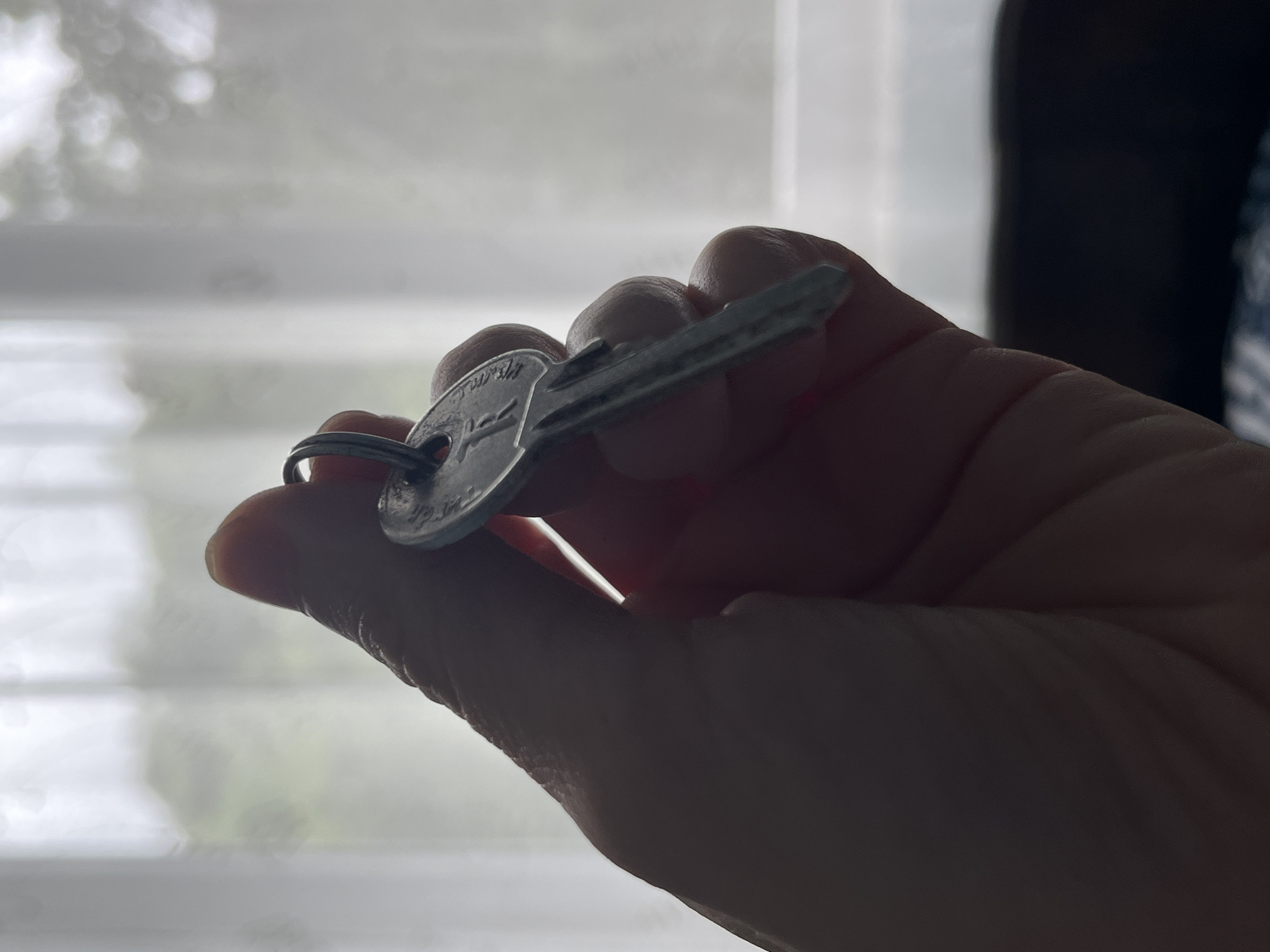 A close-up, silhouetted shot shows a person's hand holding a single silver key with a ring attached. The key's teeth are visible, and there appears to be some lettering on the head of the key, though it is indistinct. The background is blurred and consists of light, vertical lines, suggesting a curtain or blinds, with an out-of-focus view of greenery outside. The overall lighting is dim, with the primary light source coming from behind the subject, creating a strong silhouette of the hand and key.