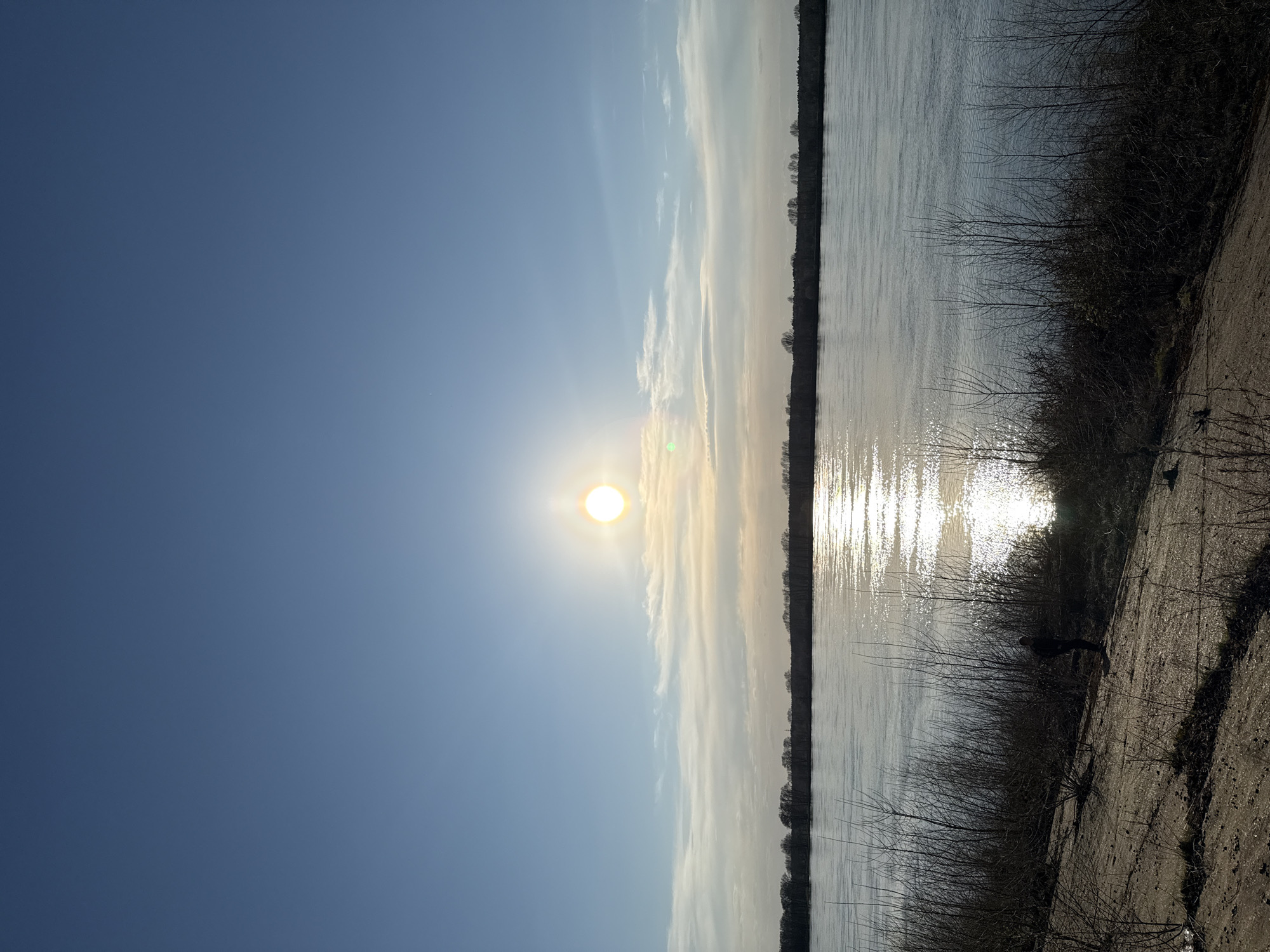 The image depicts a riverside scene in Chaikovsky, Russia. The sun is prominently positioned in the sky, with its reflection visible on the surface of the water. Trees line the opposite bank of the river. The foreground features vegetation and what appears to be a concrete embankment.