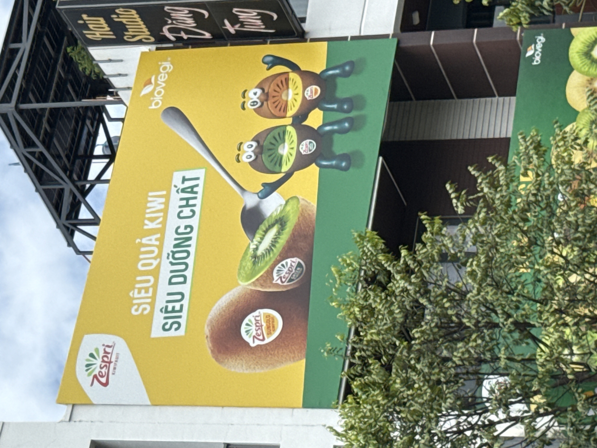 A large, yellow billboard in Nha Trang, Vietnam, displays an advertisement for Zespri kiwifruit. The billboard features the Zespri logo prominently in the upper left corner, along with the text "SIÊU QUẢ KIWI" and "SIÊU DƯỠNG CHẤT" (Super Kiwi, Super Nutritious). Two whole kiwifruits and one halved kiwifruit are depicted, with the halved fruit revealing its green flesh and seeds. Two cartoon kiwi characters, one green and one brown, are shown seated together, each with arms raised. A silver spoon is angled across the billboard. To the right of the main advertisement, a vertical sign reads "Hair Studio" in English and Vietnamese script below. Trees with green foliage are visible in the foreground, partially obscuring the bottom of the billboard and the building behind it. The sky is overcast.