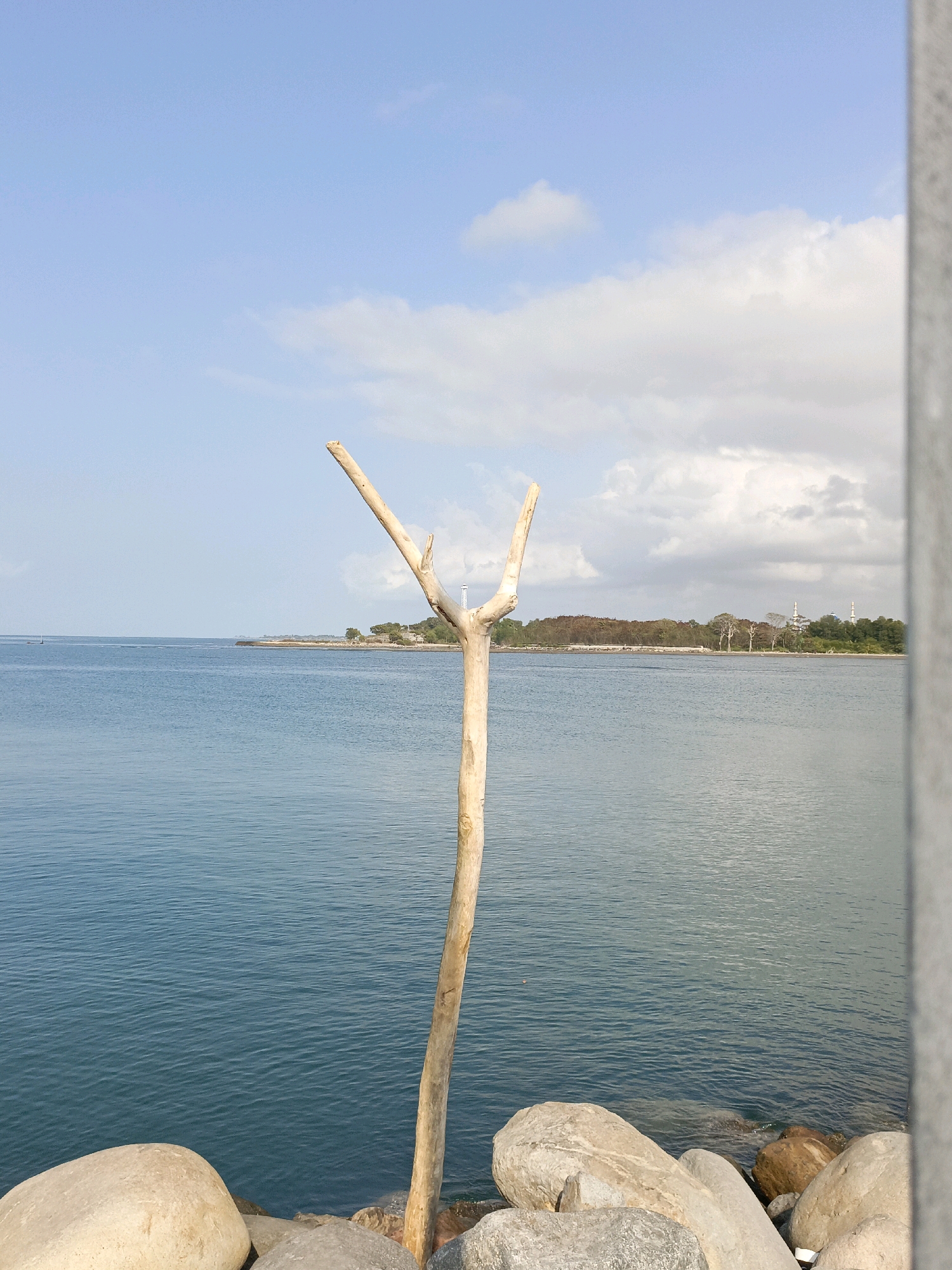 The image shows a wooden pole standing vertically in the foreground, with its top bifurcating into two branches. It is positioned on a rocky shore bordering a body of calm, blue water. In the distance, a tree-lined coastline is visible, with some structures suggesting a settlement, and beyond that, a hazy sky with scattered clouds. The scene is likely located near the coast of Bulukumba, Indonesia, a region known for its coastal landscapes. The image is captured from a slightly low angle, with a concrete structure partially framing the right side of the shot. There are no people or animals visible in the frame.
