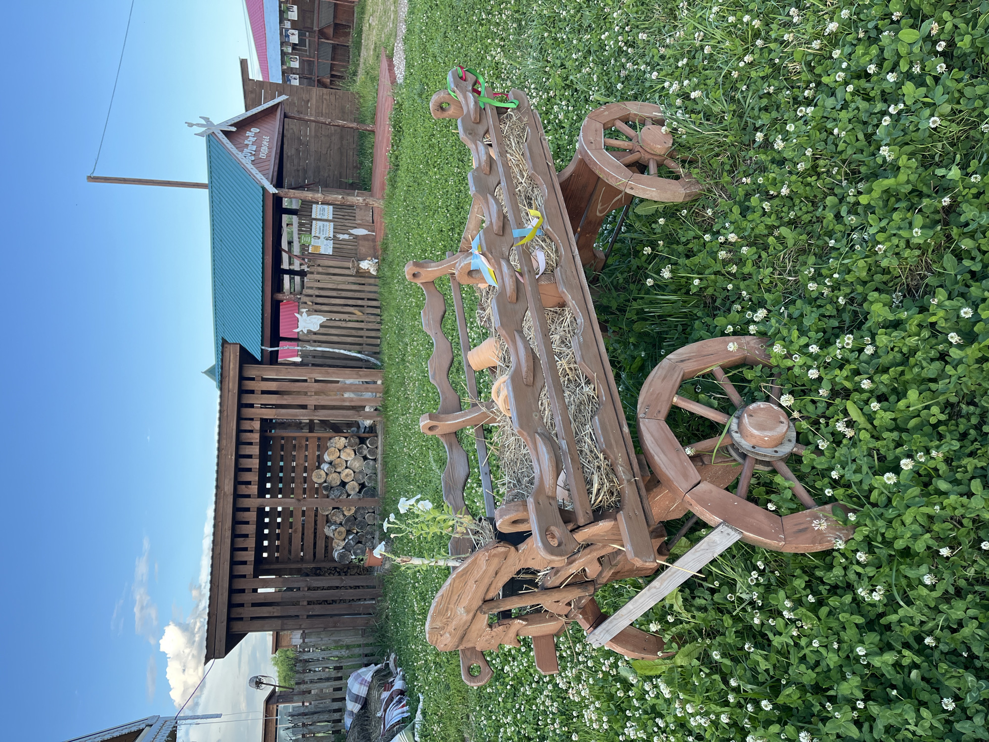 An outdoor scene in Vybolovo, Russia, features a rustic wooden wagon decorated with straw and flowers, positioned on a grassy area dotted with white clover. The wagon has decorative wooden wheels and appears to be a charming garden ornament.
In the background, several wooden structures are visible. One building has a green metal roof and decorative wooden accents at the gable. A sign in Cyrillic script, reading "Фермерское подворье" (Farmstead), is attached to this building. Adjacent to it is a wooden shed filled with neatly stacked firewood. Further structures and a wooden fence are also present, suggesting a rural or farm setting.
The sky is a clear, bright blue with a few scattered white clouds, indicating fair weather. The time of day appears to be late afternoon or early evening, given the quality of the light. The overall atmosphere is peaceful and idyllic, evoking a sense of country living. There are no people visible in the image. The focus is on the decorative wagon and the rustic rural landscape.