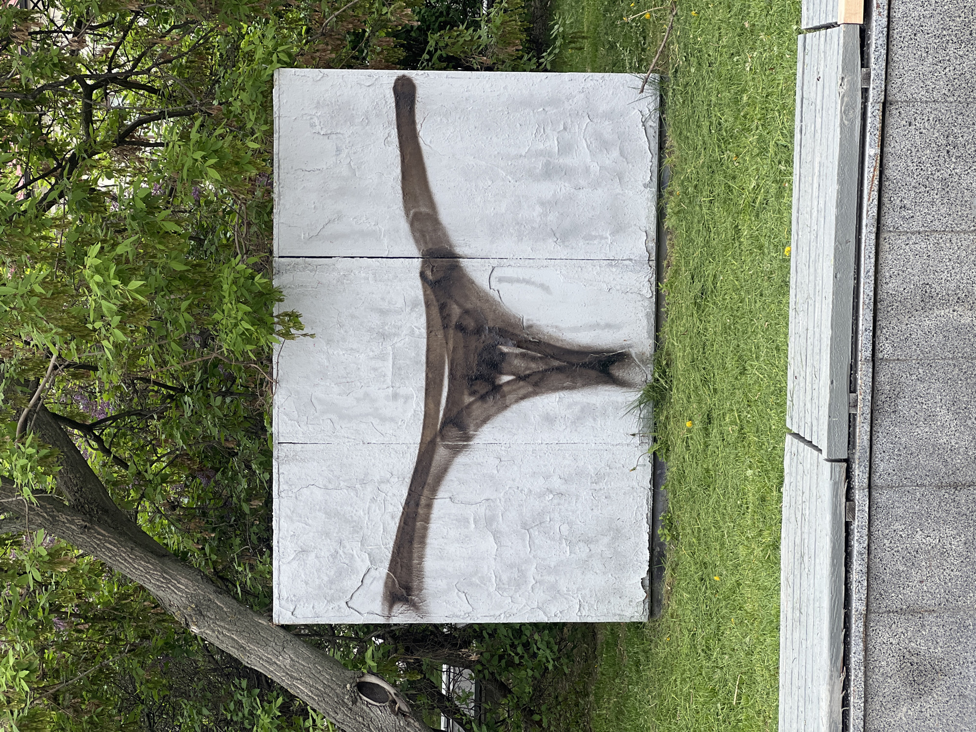 The image shows a textured white wall with dark brown graffiti on it, possibly located outdoors. The wall is made of two stacked sections, suggesting it could be part of a larger structure or an art installation. The graffiti appears abstract, with lines converging and branching out. The wall is set against a backdrop of green grass and foliage, including a tree trunk and branches with leaves. To the right, there is a concrete bench or ledge and a paved walkway. Given the location in Moscow, Russia, it could be within a park, public space, or near an architectural feature in the city. No people are visible in the image.