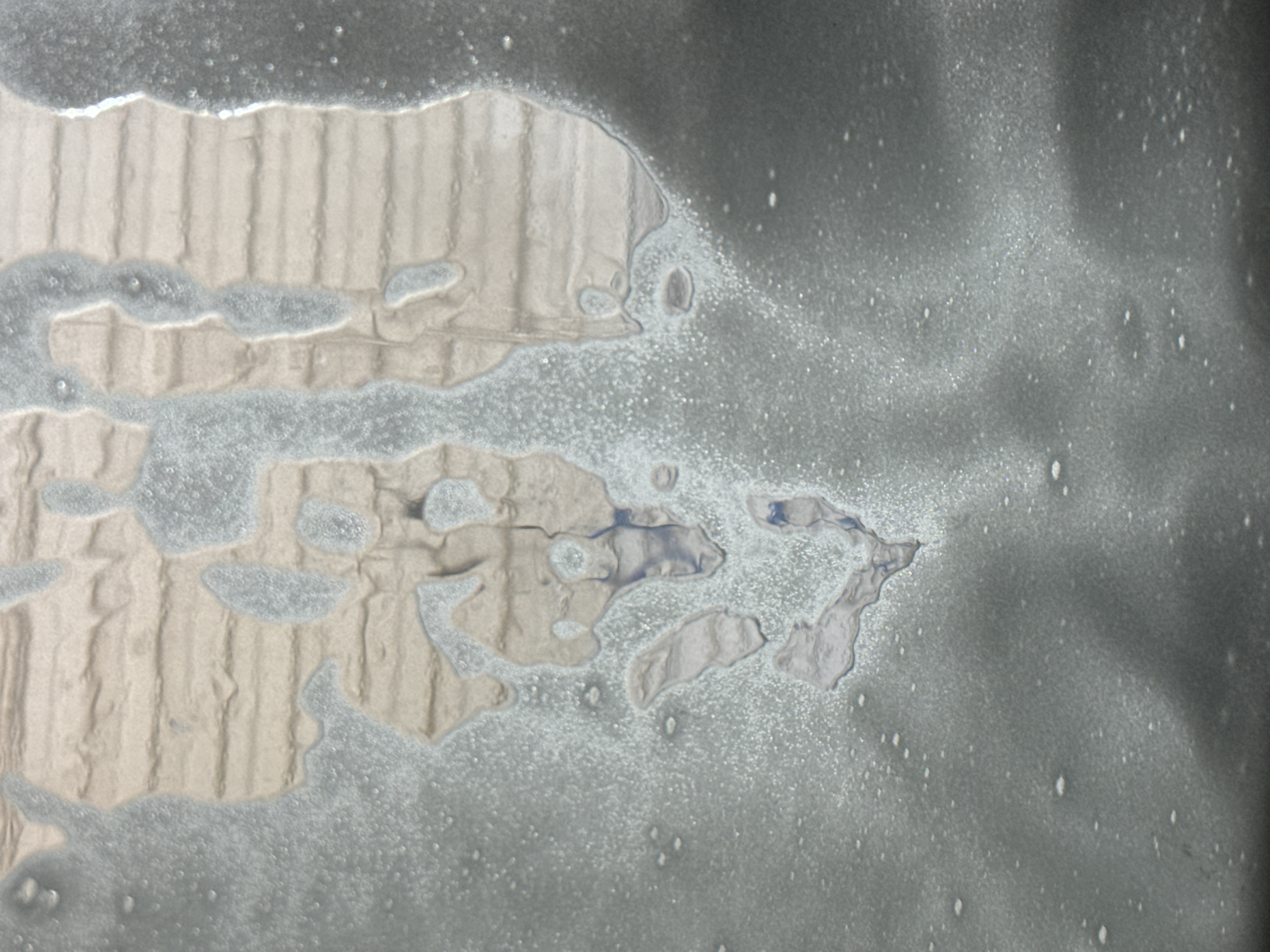 The image appears to be a close-up of a window covered in condensation or frost. Part of the window shows a view of what seems to be a corrugated surface, likely metal or plastic, with vertical ridges. The remainder of the window is obscured by a blurry, speckled film. There is no information about people or actions. Based on the prompts, the location of the image would be a building in the city of Perm, Russia.