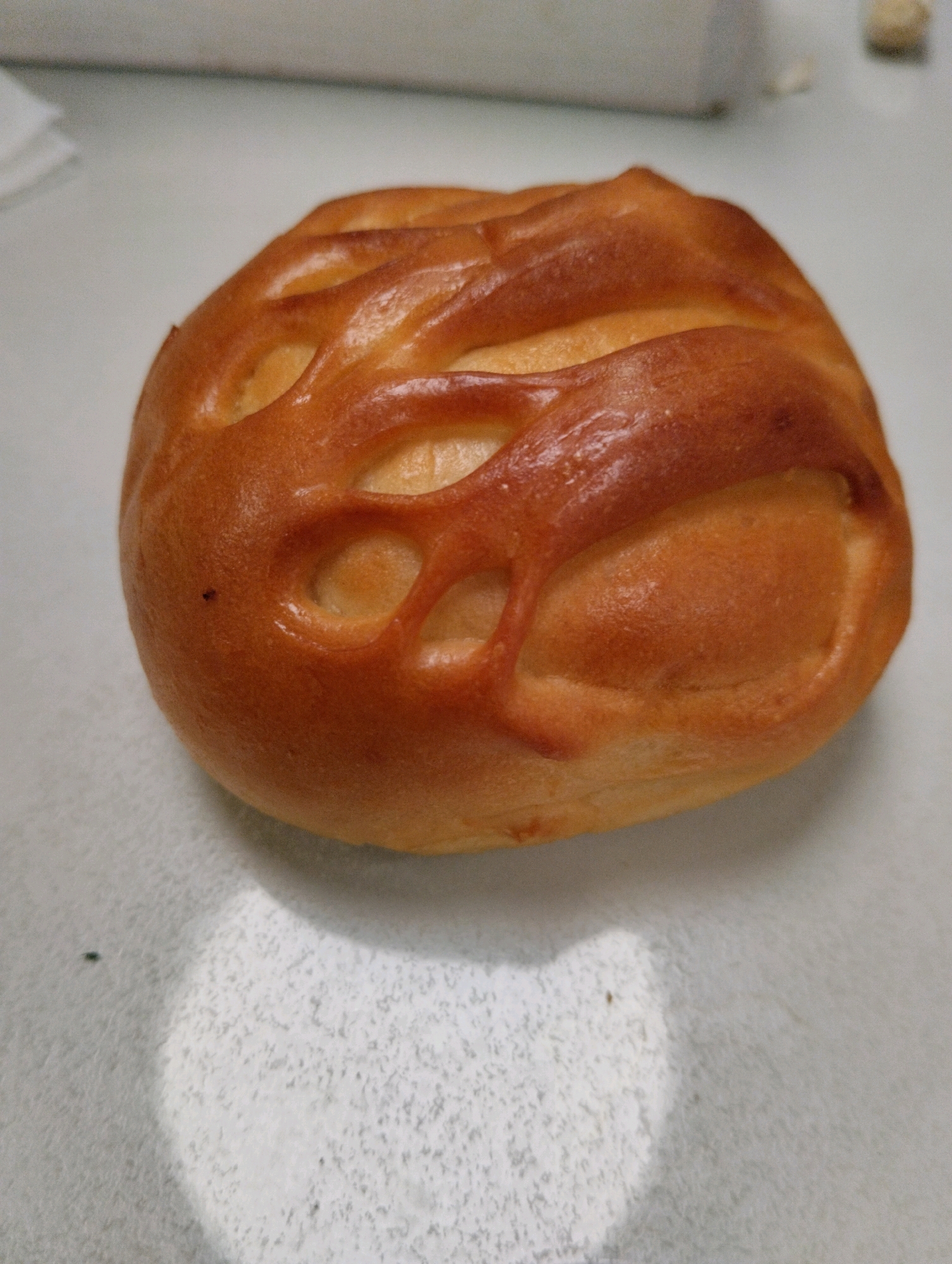 An overhead, close-up shot focuses on a single, golden-brown pastry with a decorative, woven lattice top. The pastry sits on a textured, white surface that appears to be a countertop. A soft, circular shadow is cast below and to the left of the pastry. The background is out of focus, showing a white surface and hints of what might be a paper product. A tiny black speck, possibly an insect, is visible on the surface to the left of the pastry. The overall lighting is bright and even, highlighting the texture and sheen of the baked good. The image is devoid of any signs of the city of Krasnomaiskii, Russia, or any human presence.