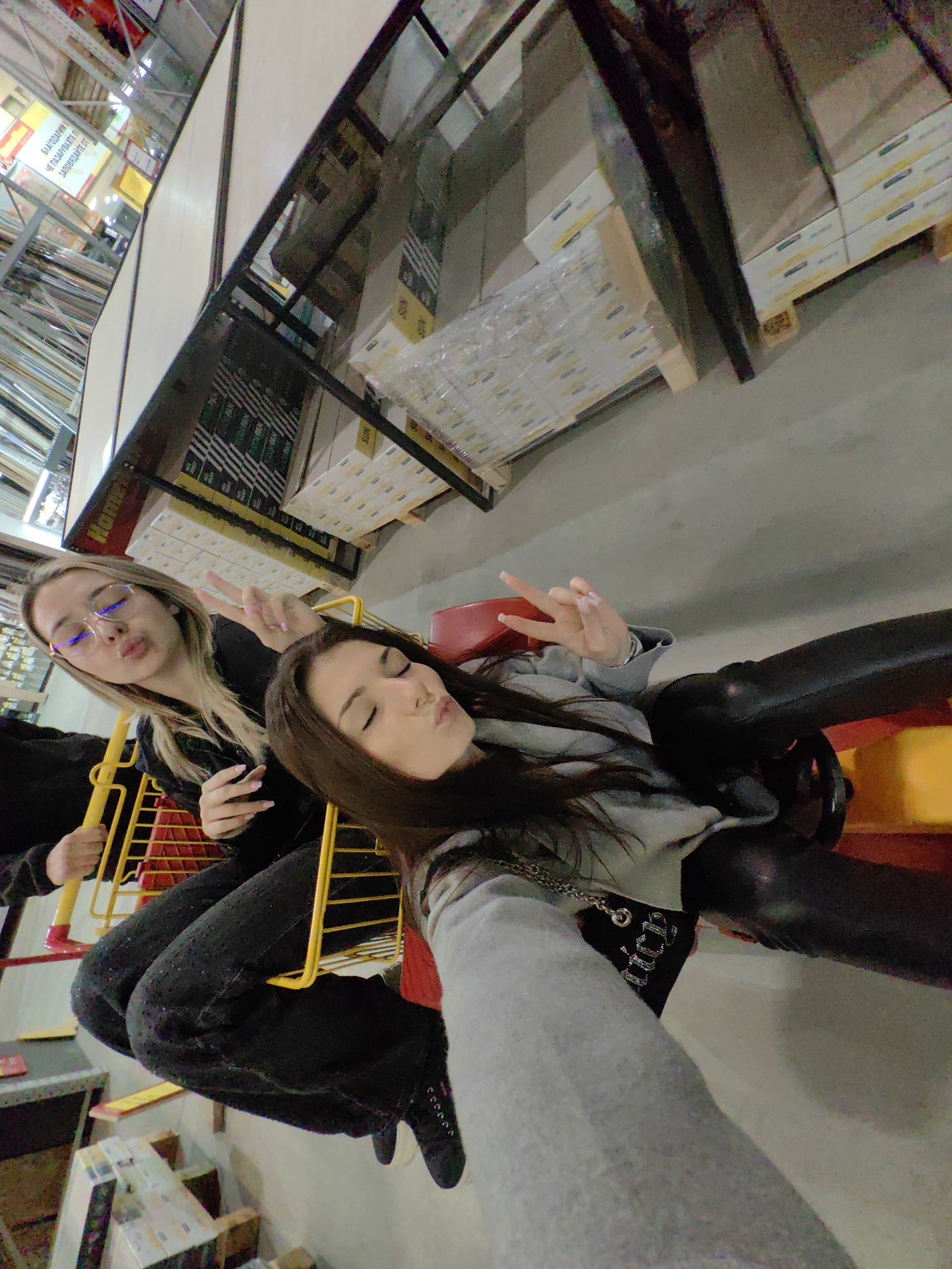 Two young women are posing for a selfie while sitting in a shopping cart inside what appears to be a retail store. The store is filled with stacked goods and shelving units. One woman is wearing glasses and making a peace sign, while the other is pouting. The shopping cart is yellow and red. The location appears to be a store, with shelving and products visible in the background. The exact location in Sofia, Bulgaria cannot be determined from the image.