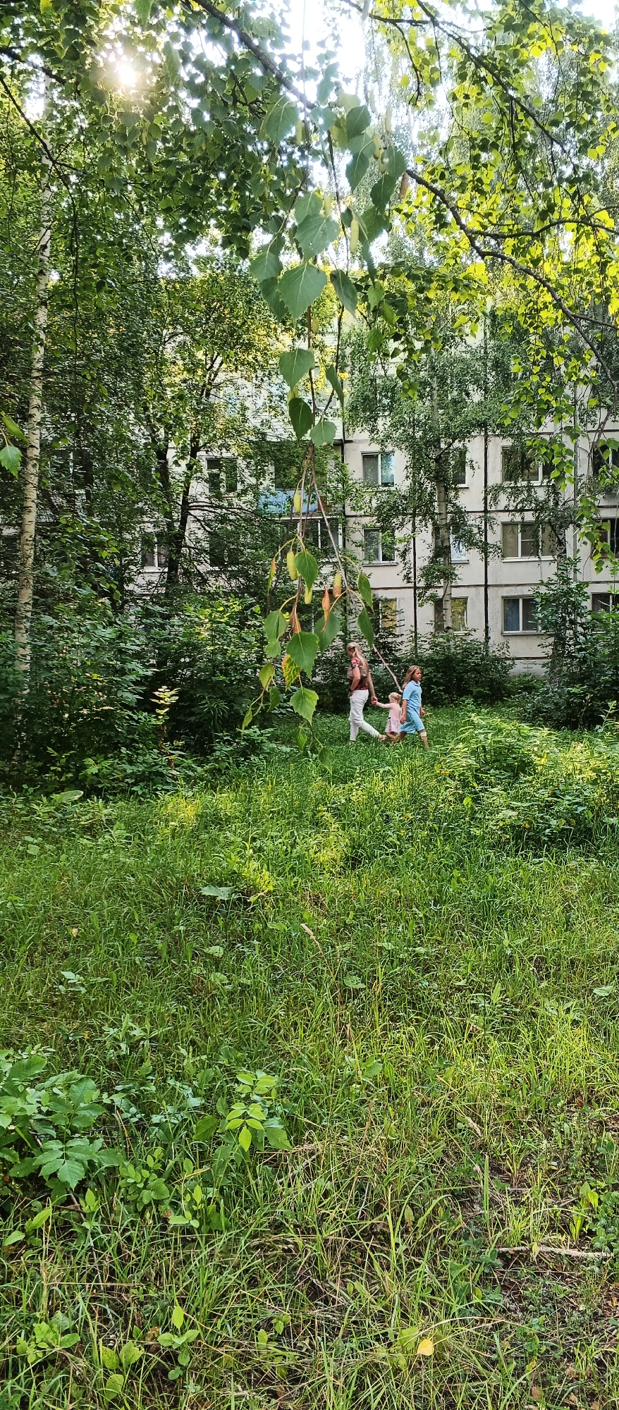 In the city of Izhevsk, Russia, a person is walking with two children through a grassy area in front of a multi-story apartment building. The person, on the left, is wearing a brown shirt and white pants and has blonde hair. The two children are in front of the person. One child, on the left, is wearing a pink dress, and the other child, on the right, is wearing a blue dress. The apartment building in the background is a light gray color and has many windows. The area is overgrown with grass and trees, and the sun is shining through the leaves of the trees, creating dappled light.