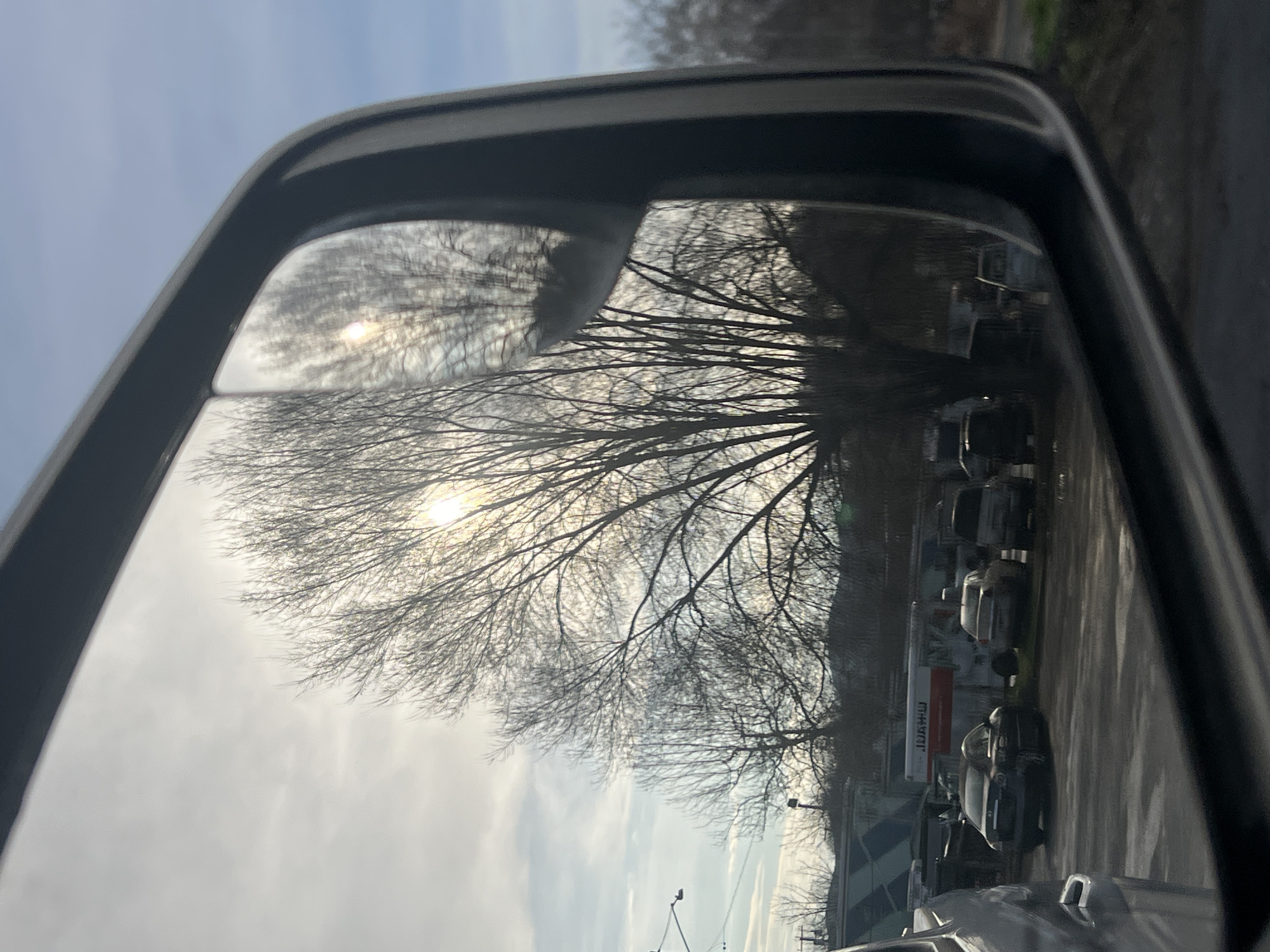 The image is a view of the reflection in a car's side mirror, showing a scene from the City of Newburgh, United States of America. The mirror reflects a parking lot with several parked vehicles, including cars and a U-Haul truck. In the background, there is a large tree with bare branches. The sky is visible with thin clouds, and the sun is shining through the branches of the tree. The frame of the car mirror is visible, and the overall light quality is somewhat dim.