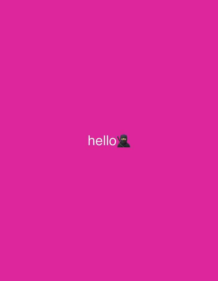 The image displays a plain, solid magenta background. Centered horizontally on this vibrant background, slightly above the vertical midpoint, is the word "hello" rendered in white, sans-serif text. Immediately to the right of the text is a ninja emoji. The emoji depicts a figure in a black ninja uniform, with a black balaclava covering the face, showing only the eyes. A black katana (sword) is visible sheathed on the figure's back. There are no other objects, people, or discernible scenes. No activity is taking place; the image is a static graphic. There are no notable details regarding time of day, weather, or specific location cues within the image itself to suggest Moscow, Russia. The overall impression is minimalist and digital.