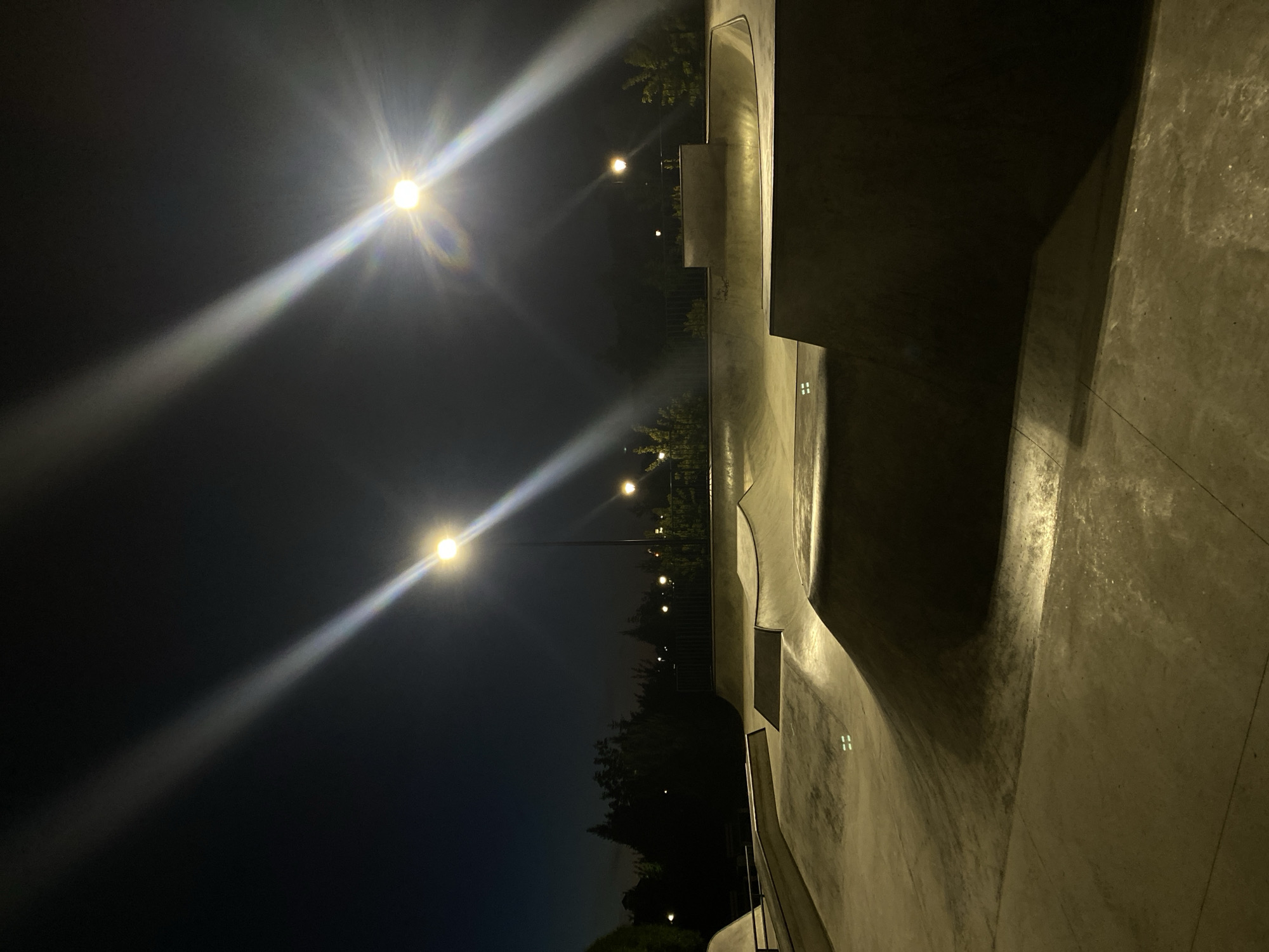 The image depicts a modern concrete skatepark at night in Rusanovo, Russia. The scene is rotated ninety degrees clockwise, with the dark night sky and artificial lights occupying the left side, and the concrete structures of the skatepark dominating the right.
Two prominent streetlights are the main sources of illumination, casting intense beams and lens flares across the dark sky. Their bright glow creates strong contrasts, highlighting the varied textures and forms of the concrete park. The skatepark itself comprises a series of interconnected concrete bowls, ramps, and ledges, characterized by smooth curves and sharp angles. The surfaces appear well-maintained but show some signs of use. Small, rectangular lights are embedded into the flat sections of the concrete structures, providing subtle, localized illumination.
In the background, behind the skatepark's structures, the silhouettes of trees are visible against the deep blue-black sky, along with a few more distant, softer lights. The absence of people suggests a quiet moment at the park. The overall impression is one of functional, urban architecture dramatically lit at night, emphasizing its geometric and organic concrete forms. There is no visible text in the image.